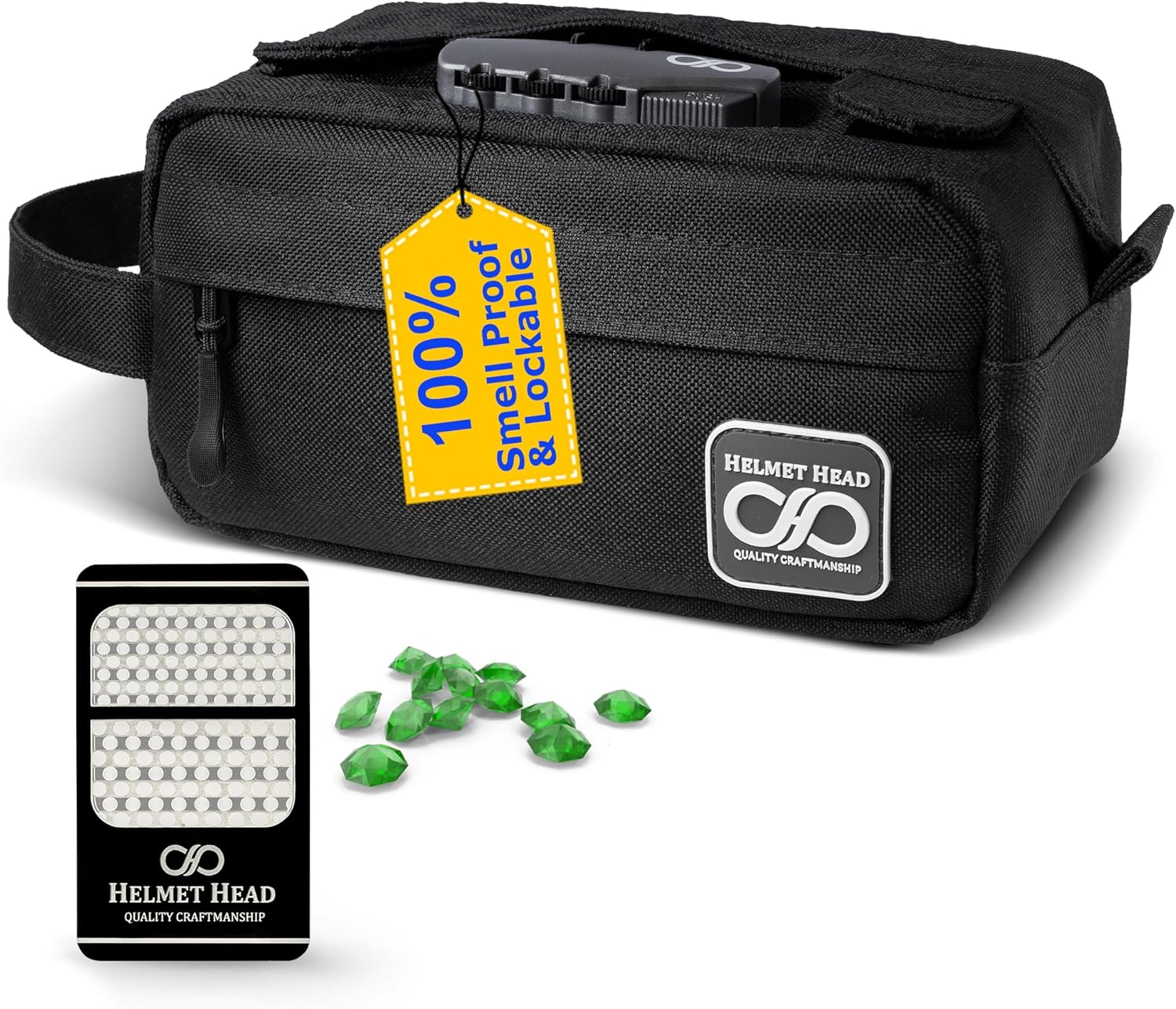 HELMET HEAD Smell Proof Bag, Water Repellent Stash Box, Compact Travel Bag with Combination Lock and Grinder Card For Your Mason Jars, Mylar Bags and Herbs (Black)