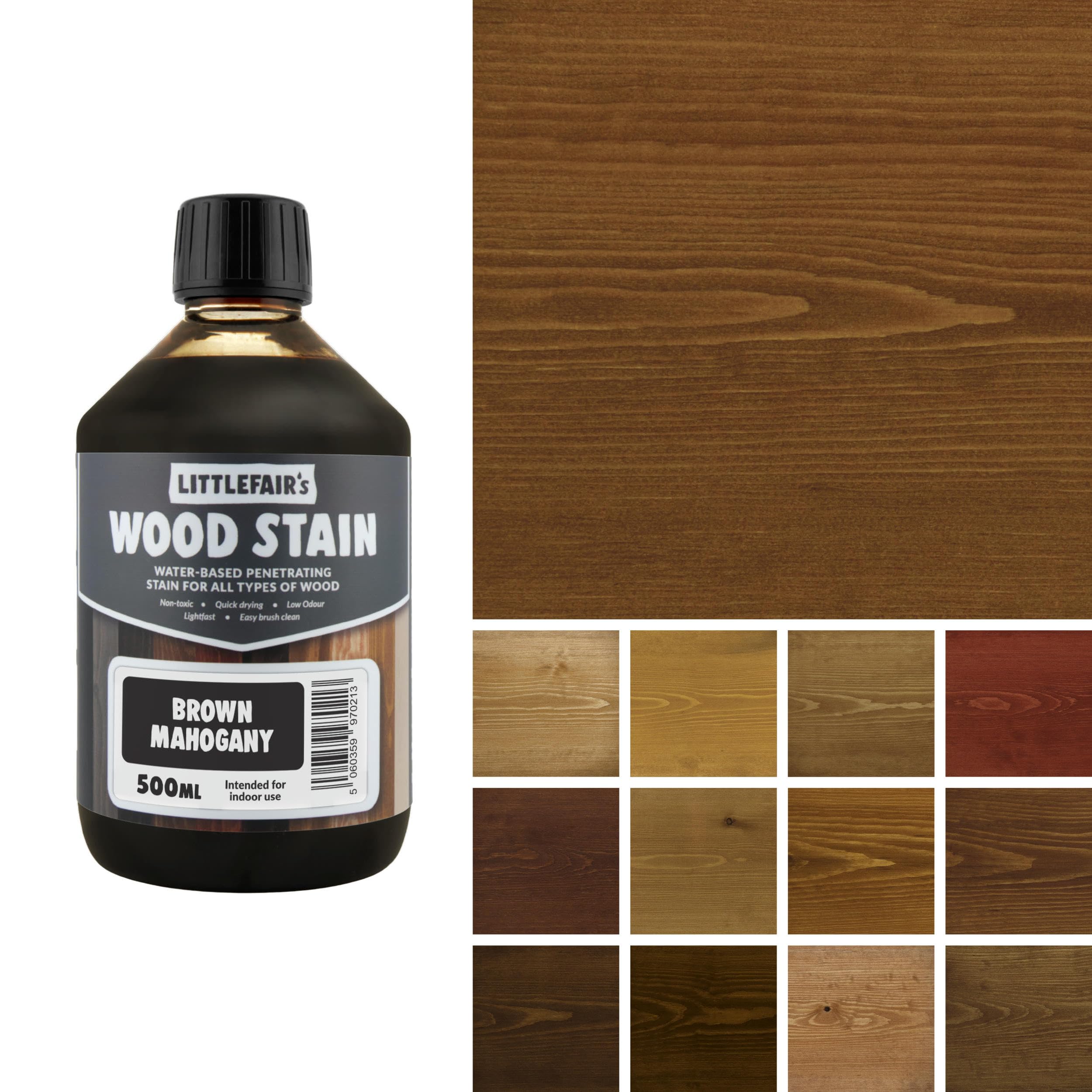 Littlefair's Wood Stain Water-Based - (Brown Mahogany) – Non-Toxic, Eco-Friendly & Quick Drying - Easy-to-Apply, Concentrated Formula for All Wood Types – 500ml