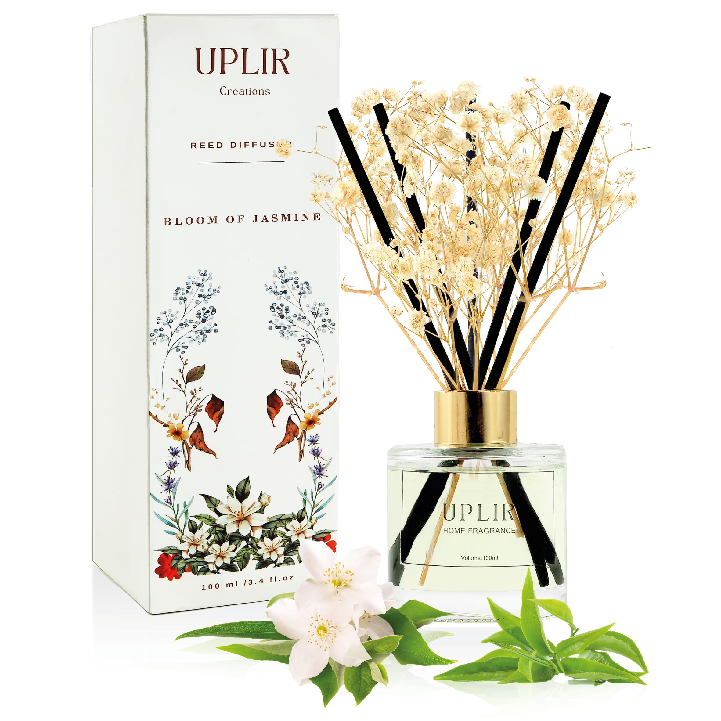 Flower Reed Diffusers for Home with 1 Jasmine & White Tea Double Essential Oil, 3.4 oz (100ml) - Elegant Reed Diffuser Set with 5 Sticks for Home Decor, Bathroom, Any Room, Housewarming Gift