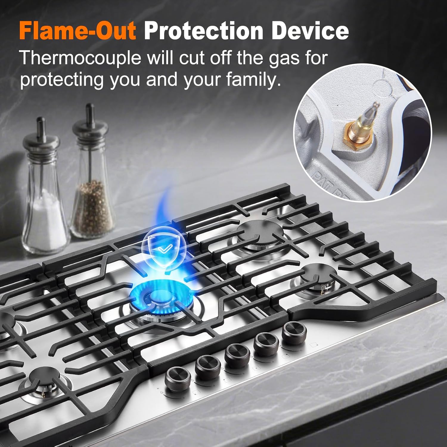 36 Inch Built-in Gas Cooktop 5 Italy SABAF Sealed Burners 40400 BTU Stainless Steel NG/LPG Convertible Cast Iron Grates ETL Certified