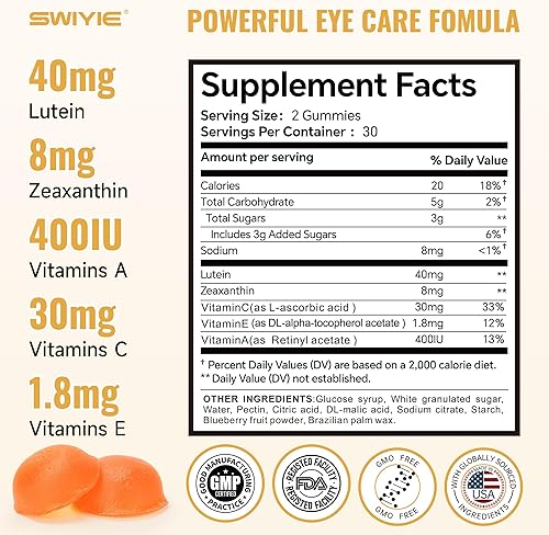 Miniatura 3 de Gomitas de luteína  Suplemento de vitaminas y minerales para los ojos con 20 mg de luteína y 4 mg de zeaxantina  Vitaminas gomosas para apoyo a la
