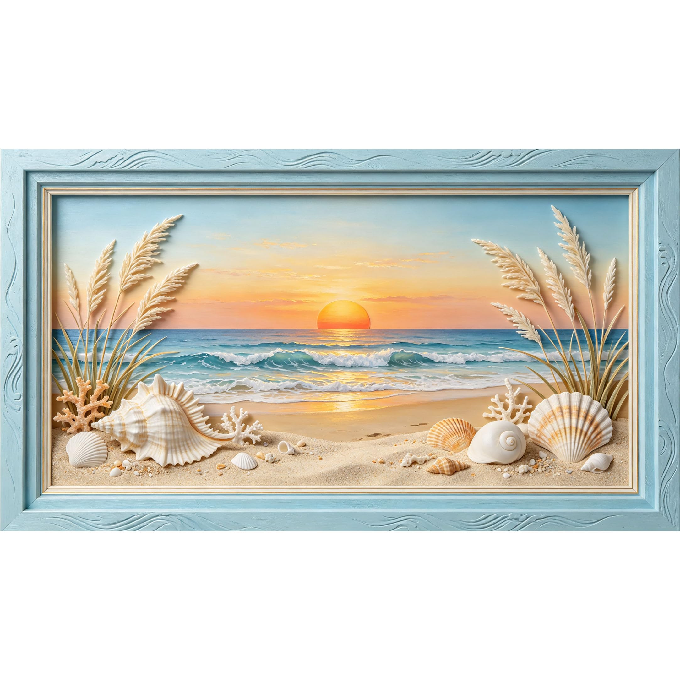 QZLITHOTIC 50x90cm3D Framed Wall Art， Coastal Sunset Beach Seashell Ocean Waves Self‑Adhesive Mural， Water‑Activated Peel & Stick Fabric Decor Wall Decal for Bedroom Living Room