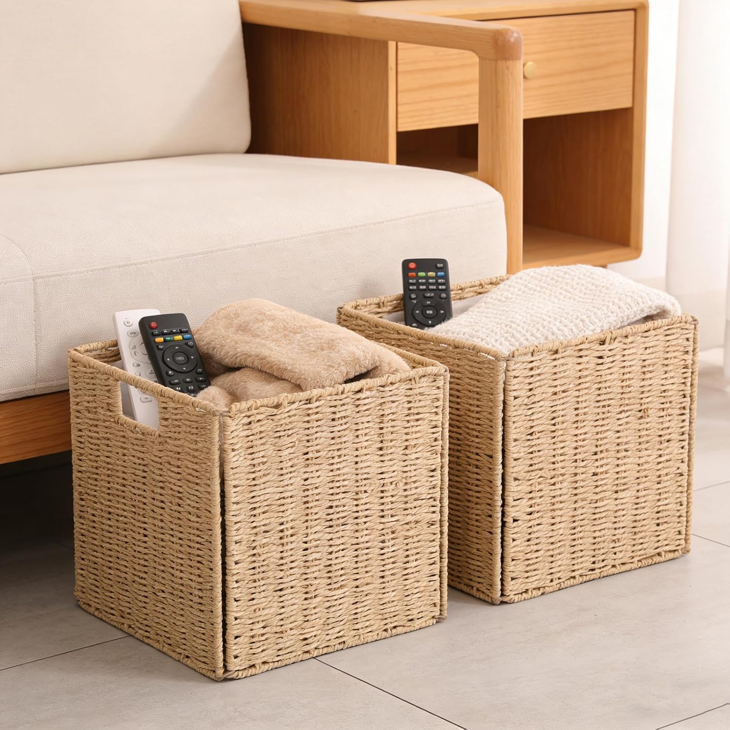 Wicker Storage Baskets 2-Pack Handwoven Paper Rope Organizer Bins,Foldable Square Cubes with Built-in Handles for Shelves and Closet,11''x11''x11''(2)