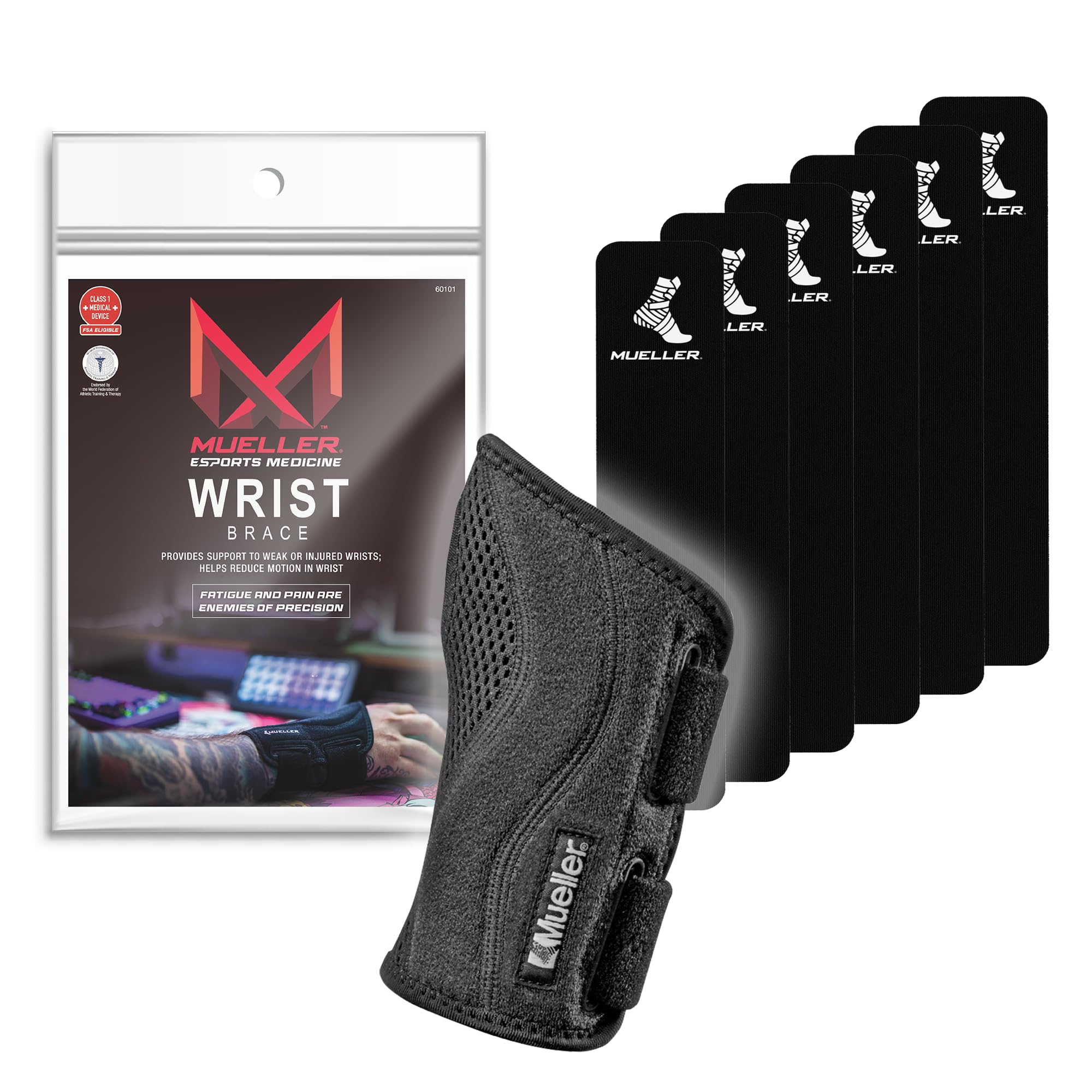 MUELLER Esports Medicine Fitted Wrist Brace for Men and Women Wrist Pain Relief Support 6 KTape Strips Included