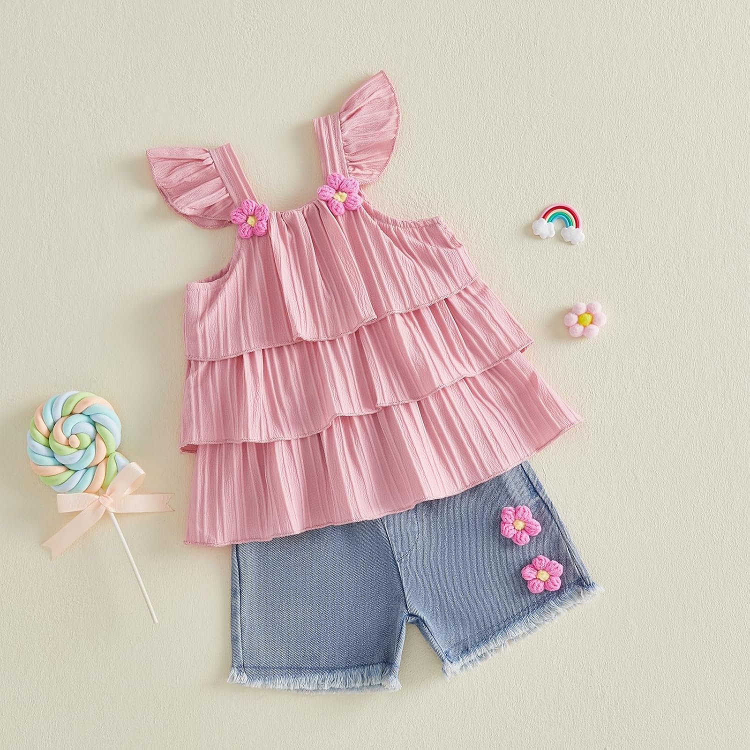 YINGISFITM Toddler Girl Clothes Baby Summer Fly Sleeve Layered Ruffle Dress Shirt Jeans Shorts Floral Outfit Girls Clothing - Image 2