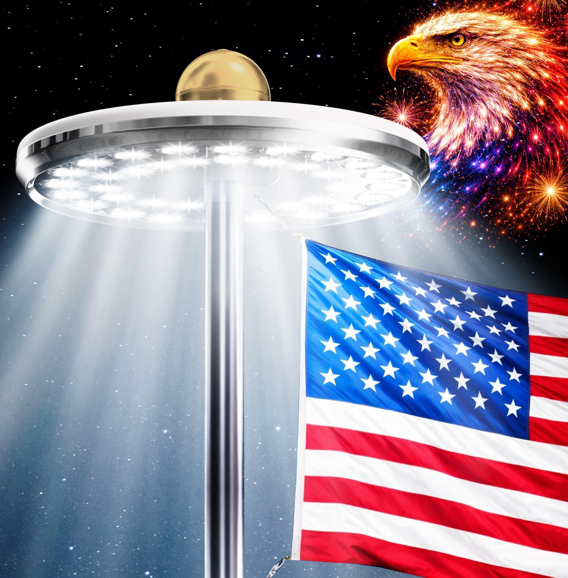 Deneve Deluxe Solar Powered Flagpole Lamp – Dusk to Dawn 12+ Hours, 26 LED, 1300 Lumen Outdoor Lighting for American Flag, Garden Decor, House Decor, 100% Coverage Silver Model