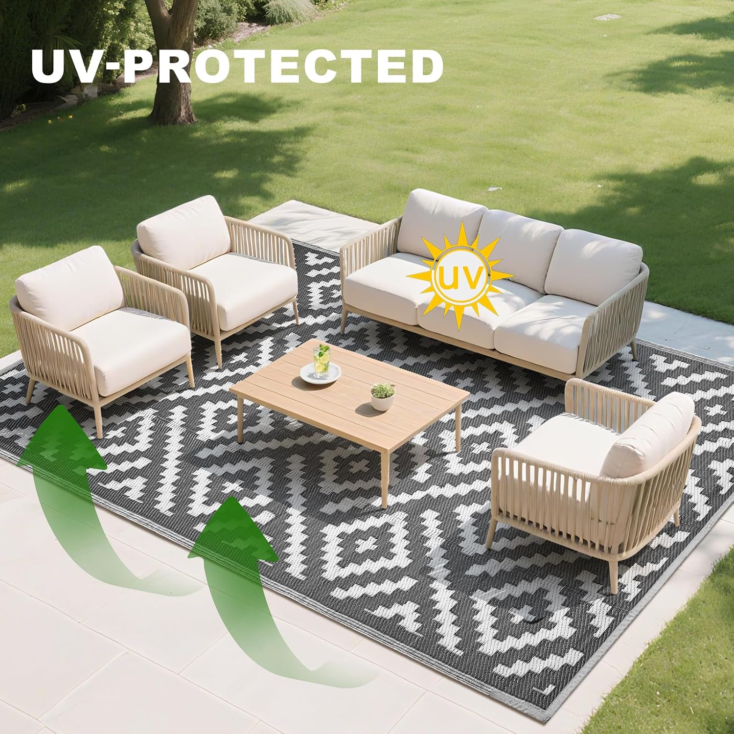 RURALITY Outdoor Rugs 6x9 Feet for Patios Clearance,Plastic Straw Waterproof Mats for Backyard,Porch,Deck,Balcony,Grey&White