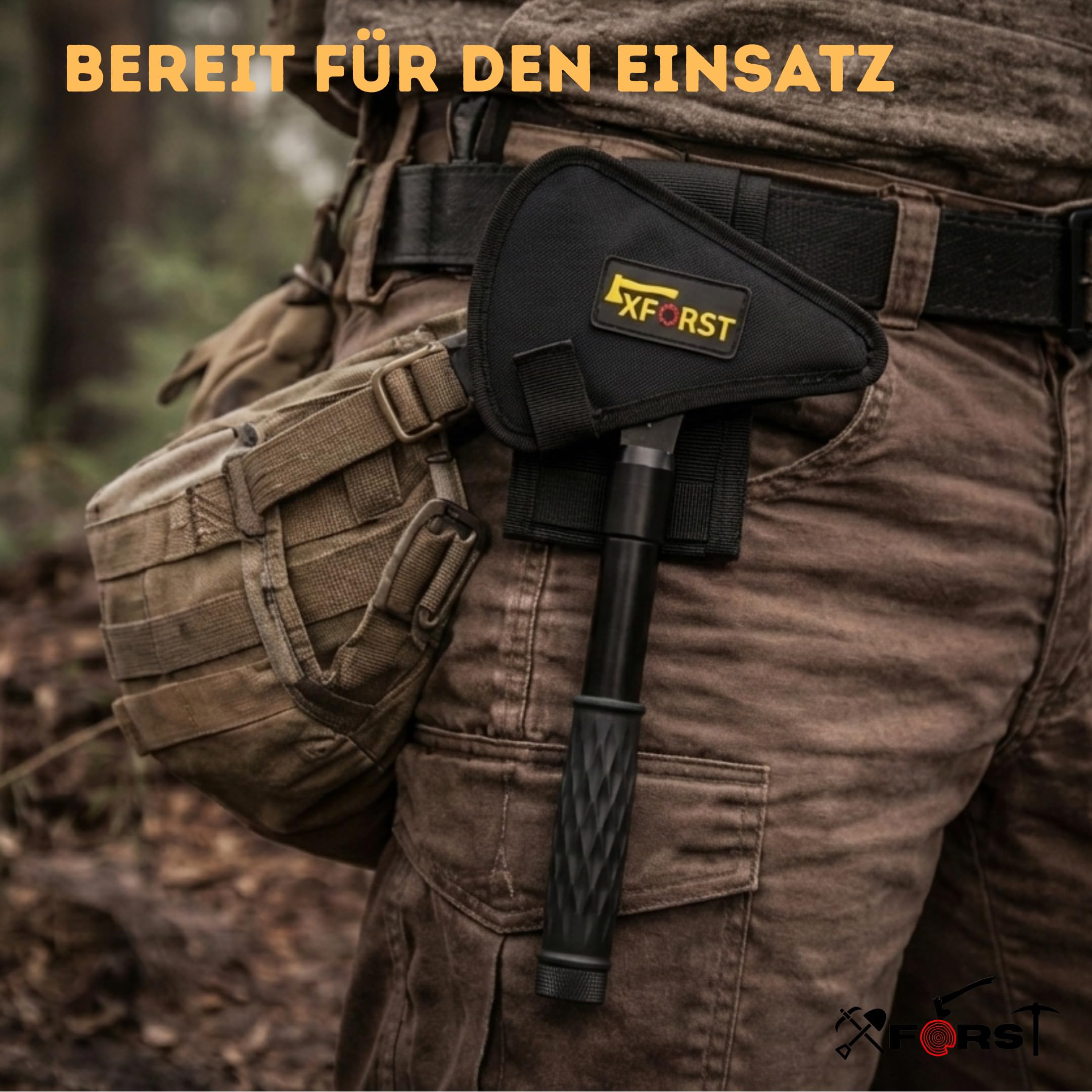 Xforst Hacha de Supervivencia Compacta para Camping, Bushcraft y Exterior, Hoja de Acero al Carbono, Mango Antideslizante con Compartimento, Funda Protectora Incluida, 32 cm y 615 g, X-TM1