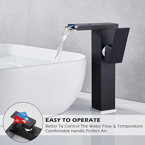 Miniatura 7 de Grifo de baño negro, cascada, boquilla abierta, luz LED, 3 cambio de color, mango de un agujero, latón para lavabo, lavabo, sin desbordamiento,