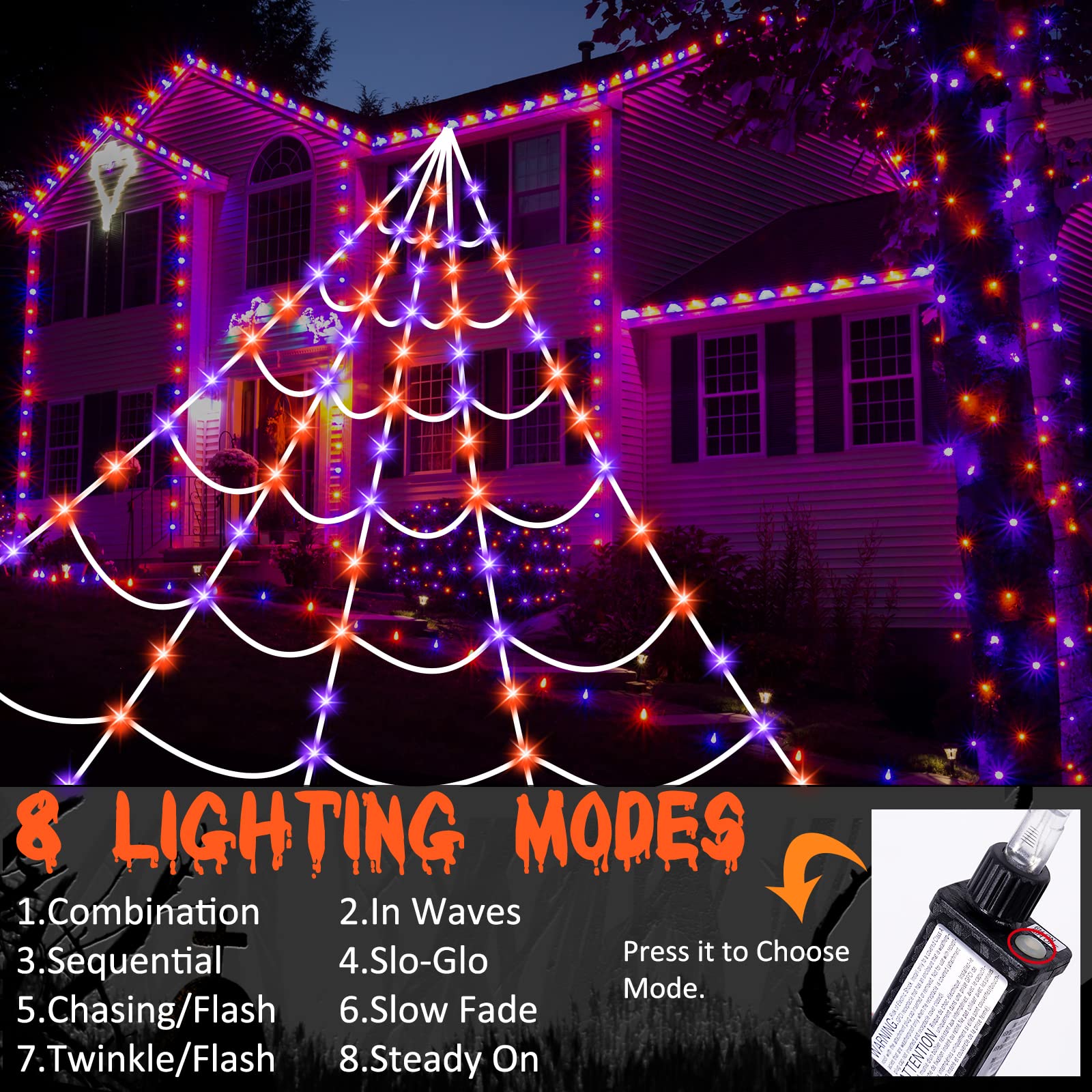 Décoration Halloween Toile D'araignée Géante 5m Avec Lumières LED - 250 LEDs Violettes, 8 Modes, Télécommande