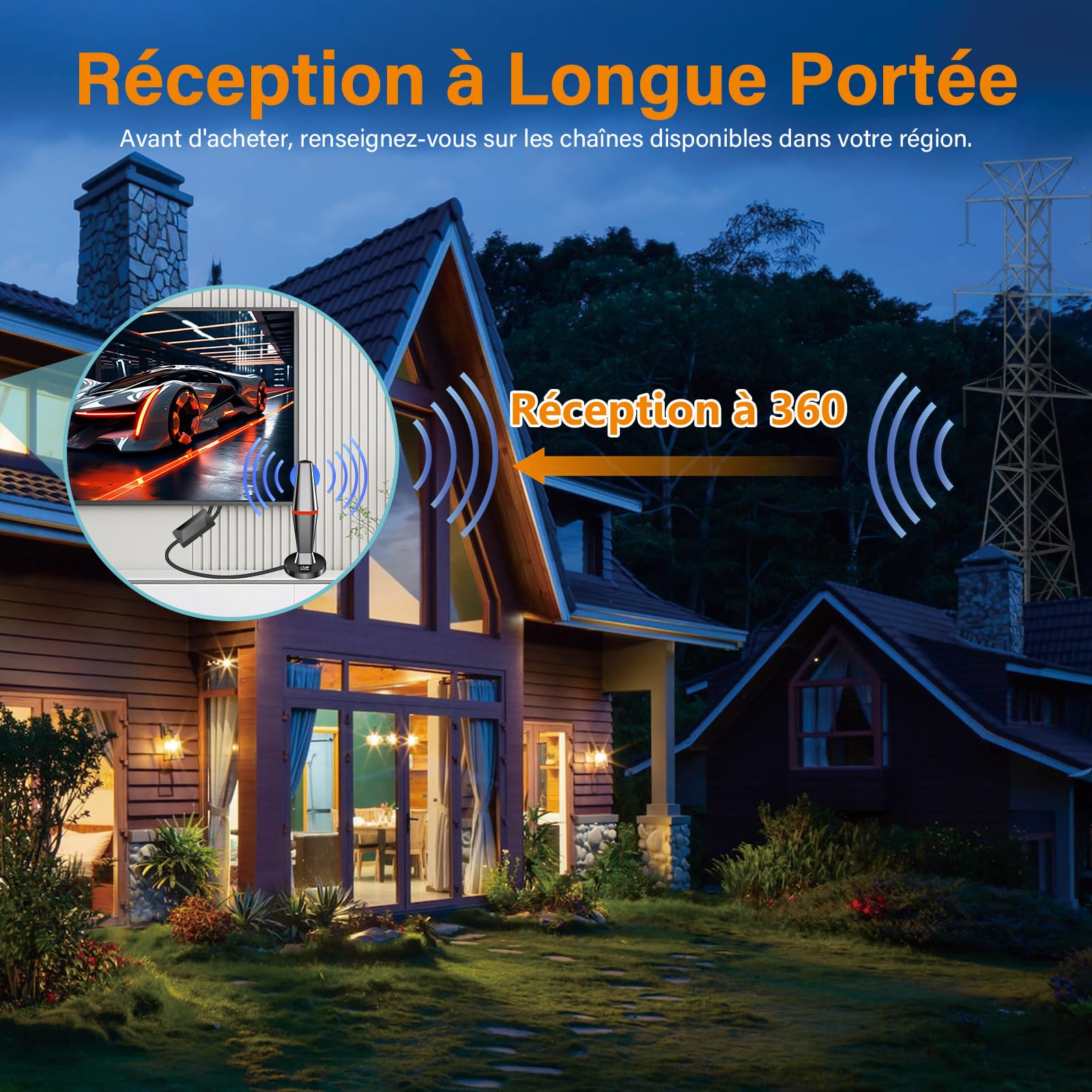 Antenne TV Intérieure Puissante TNT,Antenne TNT IntéRieur avec Amplificateur de Signal à Gain Élevé,Réception Longue Portée à 360°,Compatible avec Smart TV 4K/1080P/Tous Les TVs