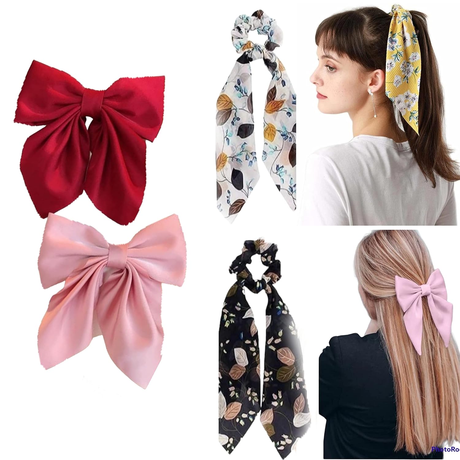 Bow tie Hair Rubber Band Scrunchy Combo Pack elastic Scarf crunchies