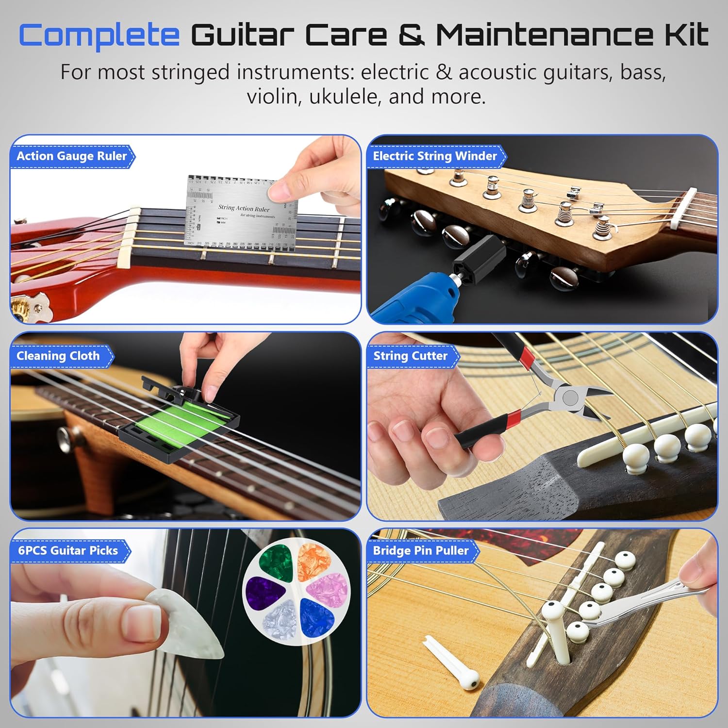 Guitar Tool Set, Rechargeable 200RPM Electric String Winder with LED, String Cutter, Action Gauge Ruler, Bridge Pin Puller, 10 Screwdriver Bits, 6 Guitar Picks & Cleaning Cloth