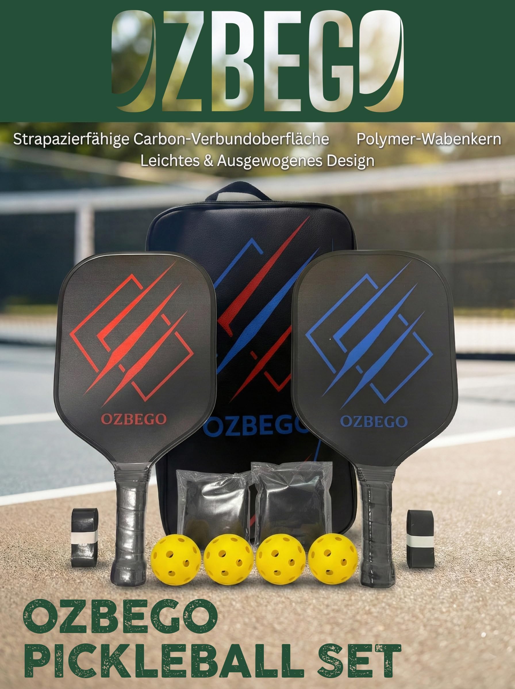 Pickleball Schläger Set 2er aus Carbon – inkl. 4 Bälle, Tasche & Overgrips – Leicht, rutschfest – Für Anfänger & Fortgeschrittene – OZBEGO