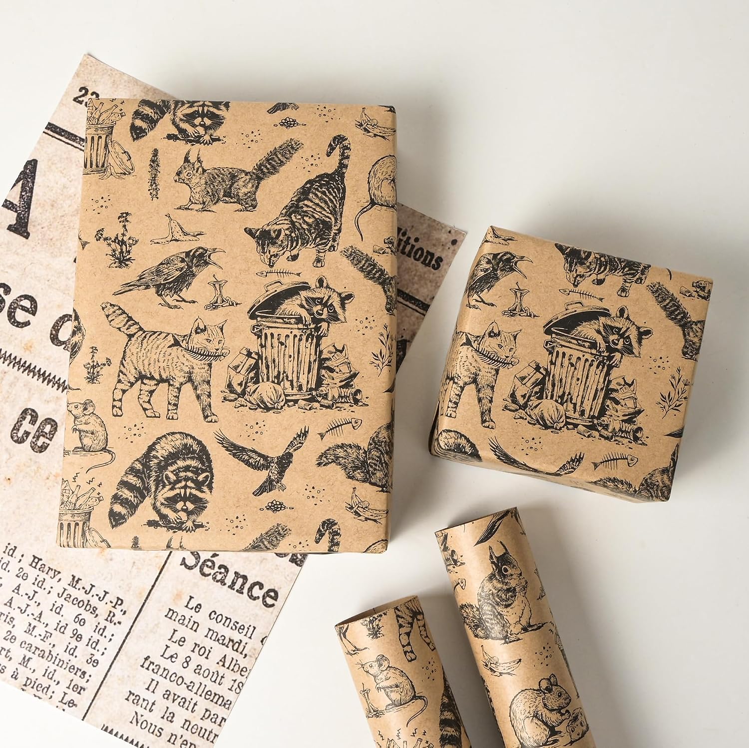 Dlyrroba Kraft Animal Wrapping Paper Roll - Funny Trash Friends Rat Crow Cat Skunk Mouse Gift Wrap Design for Birthday Party Holiday Kids Animal Lovers 17 Inch x 16.5 Feet image 2