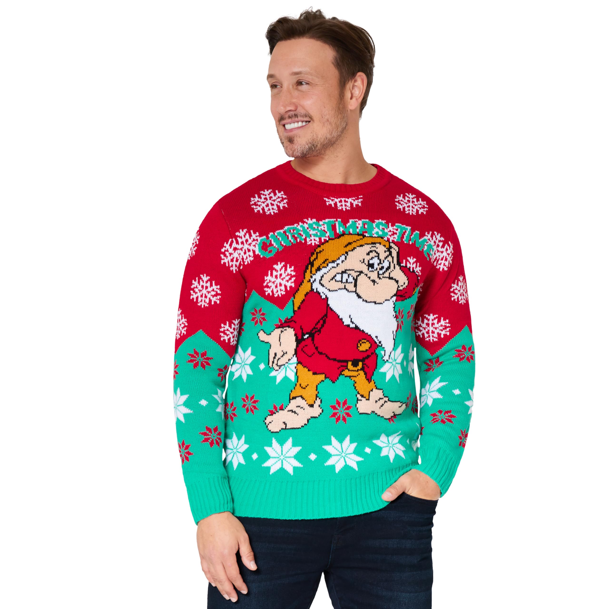 Disney Mens Christmas Jumper Crew Neck with Long Sleeves, Warm Cosy Xmas Jumper - Gifts for Men (Red/Teal Grumpy, 2XL)
