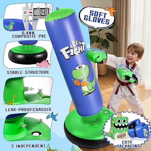 Miniatura 2 de Saco de boxeo inflable, saco de boxeo de 48 pulgadas para niños con guantes de boxeo, juego de boxeo estable para karate, taekwondo, juguete de