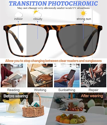 Miniatura 3 de MARE AZZURO Gafas de lectura fotocromáticas para hombre, bloqueo de luz azul, lectura cuadrada de gran tamaño, 1.0, 1.5, 2.0, 2.5, 3.0, 3.5, 4.0