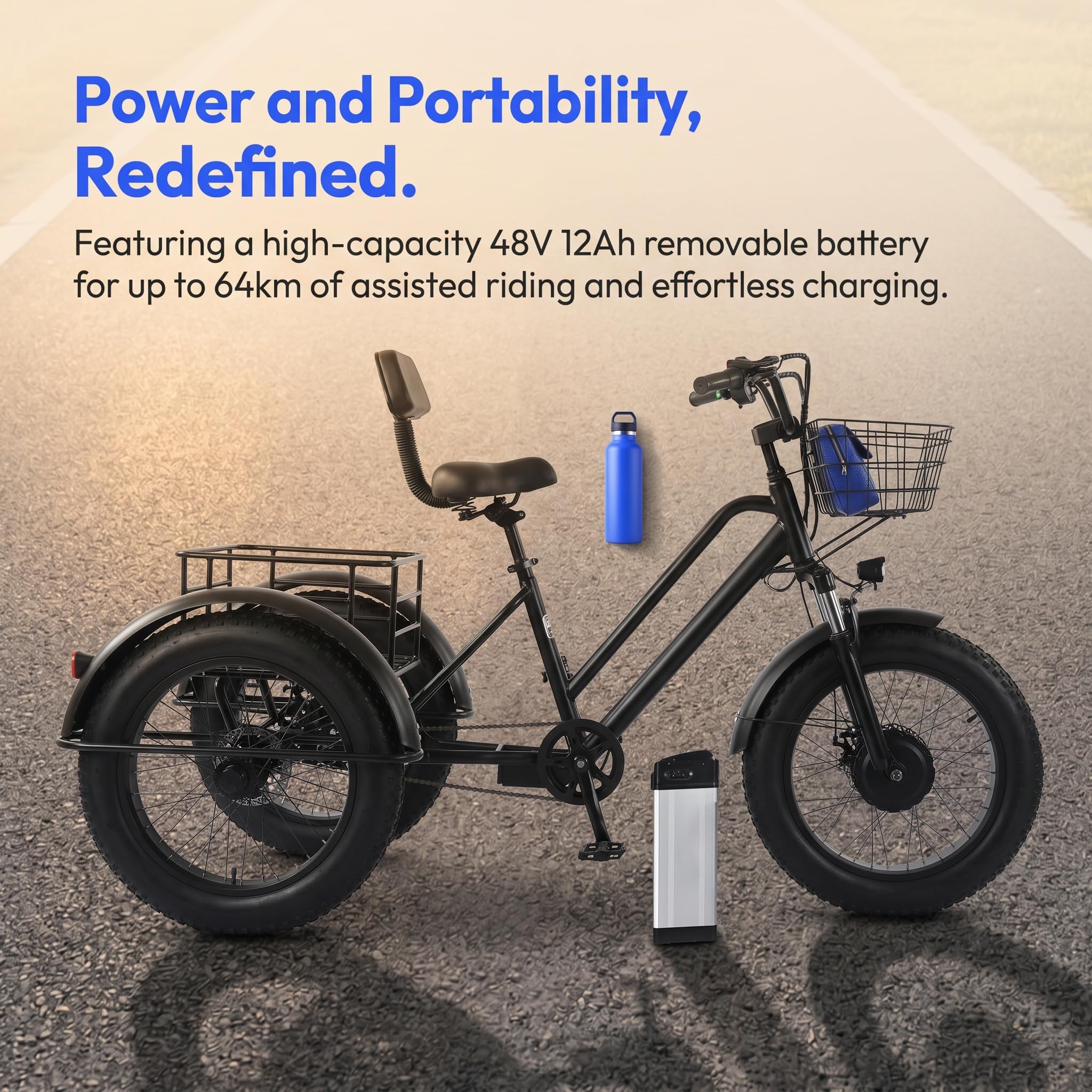 Tricycle électrique Pour Adultes - Charge 200 Kg, Vélo Cargo électrique à Pneus Larges De 20'' , Batterie Amovible 48 V/12 Ah - Autonomie 35 Km, Pour Les Trajets Domicile-Travail Et Les Voyages