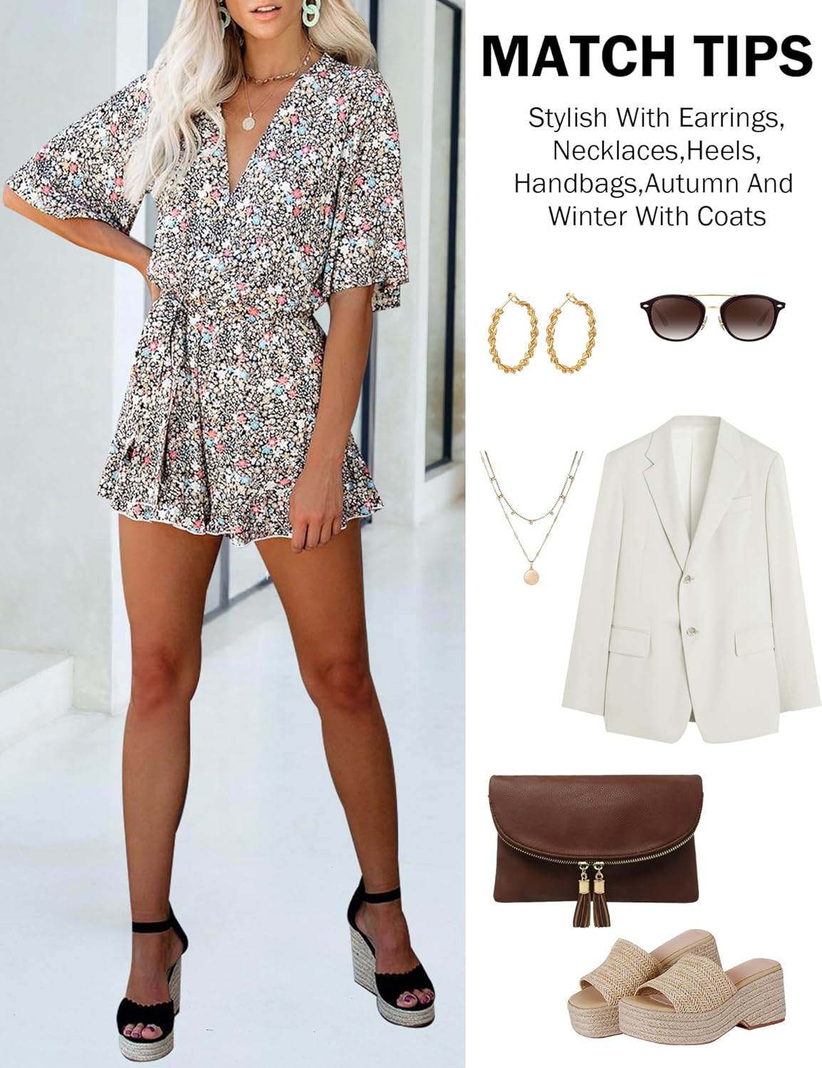 Relipop Women's Summer Romper Floral Print V Neck Flared Half Sleeve Elastic Tie Waist Ruffle Casual Rompers Jumpsuits - Image 6