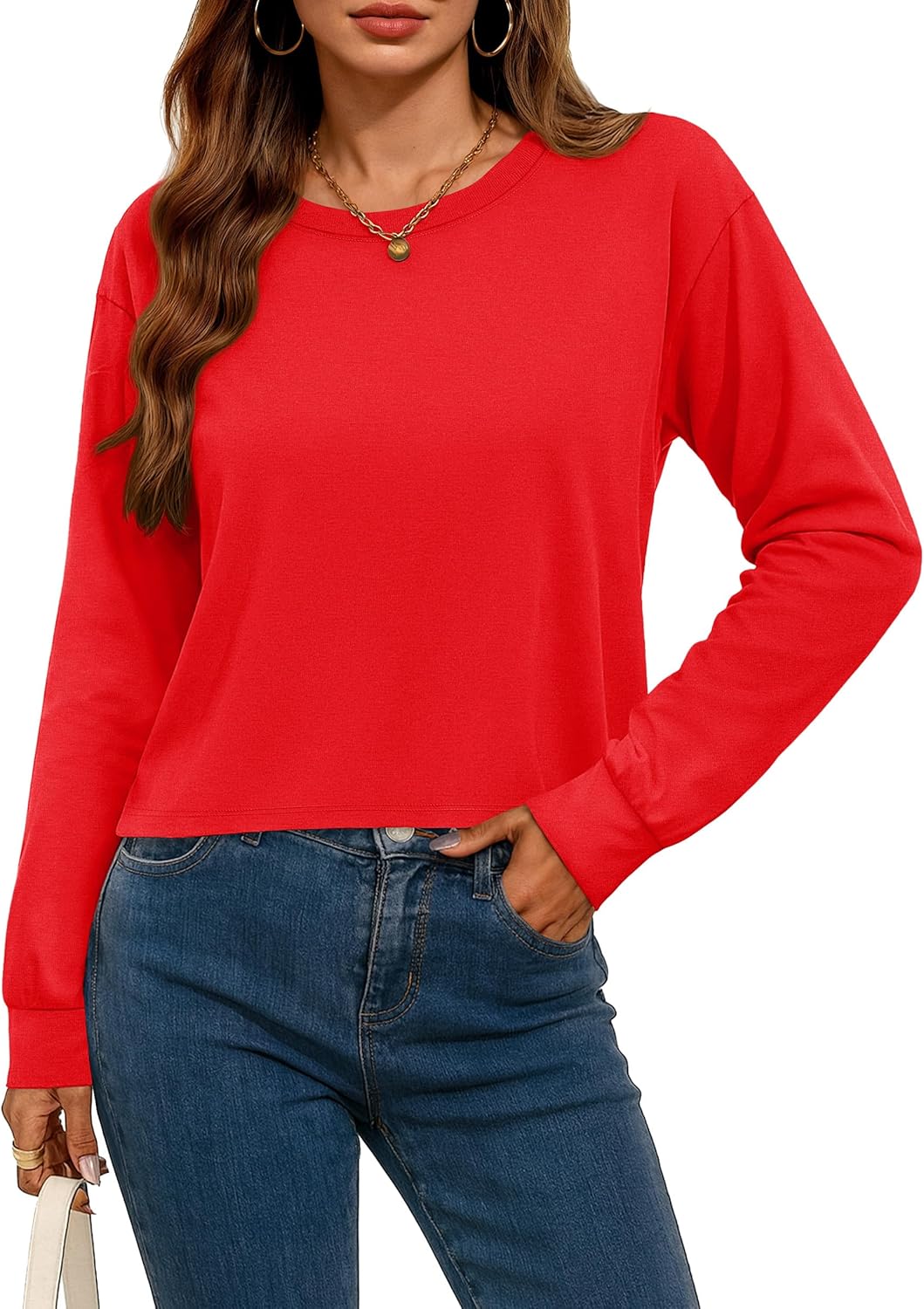 YUCOLEN Long Sleeve Crop Tops for Women Loose Fit Cropped T Shirts Casual Crewneck Boxy Tees