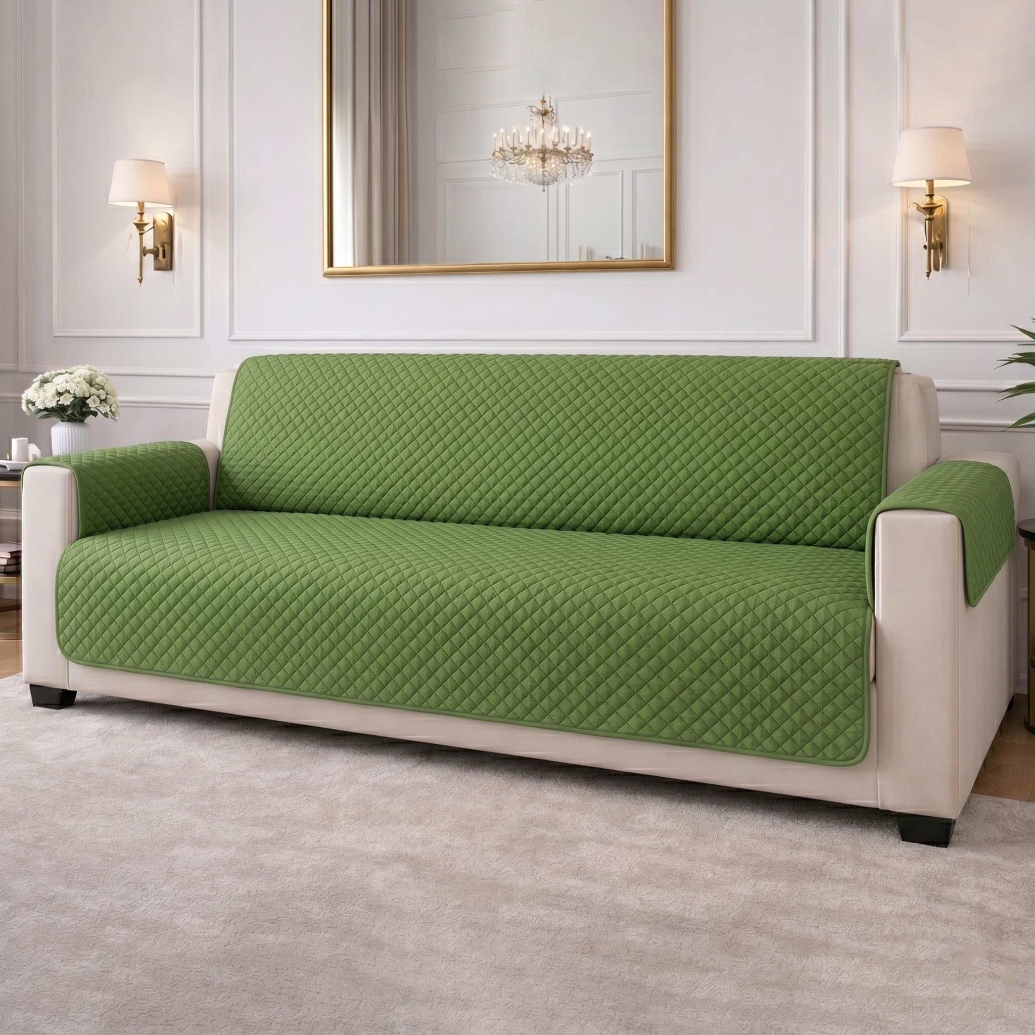STITCHNEST 'Airsoft Range Series' Solid Quilted Velvet Sofa Cover for 2 Seater | Premium Soft Velvet Sofa Protector | Olive Diamond Quilted Design with Armrest Pockets | Furniture Cover