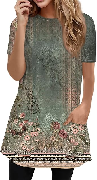 Trendy Short Sleeve Crewneck T Shirts Summer Plus Size Tunics or Tops to Wear with Leggings Casual Floral Blouses