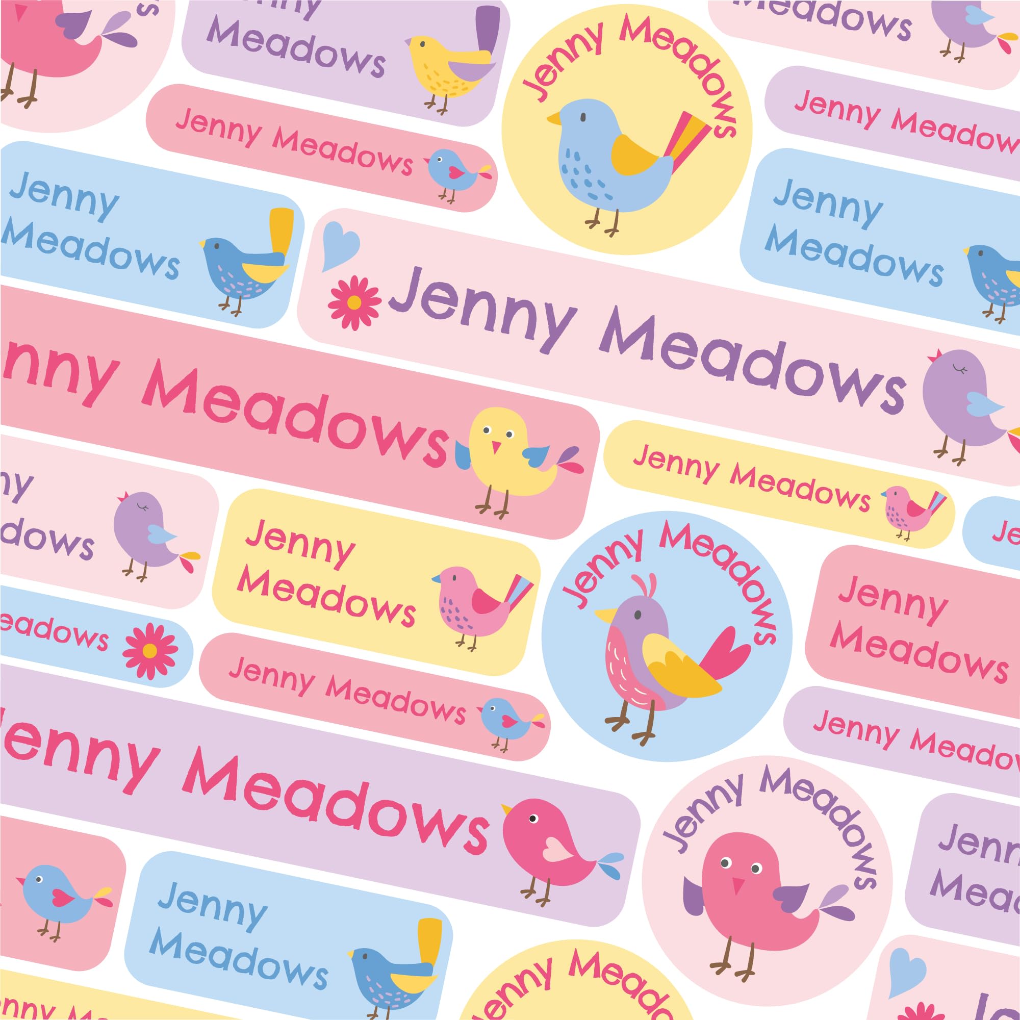 50 Name Labels for Kids No Iron Name Tags for Clothes Name Stickers for Water Bottles, School Uniform, School, Nursery, Care Homes, Washable and Dishwasher Safe for Children (Birds)