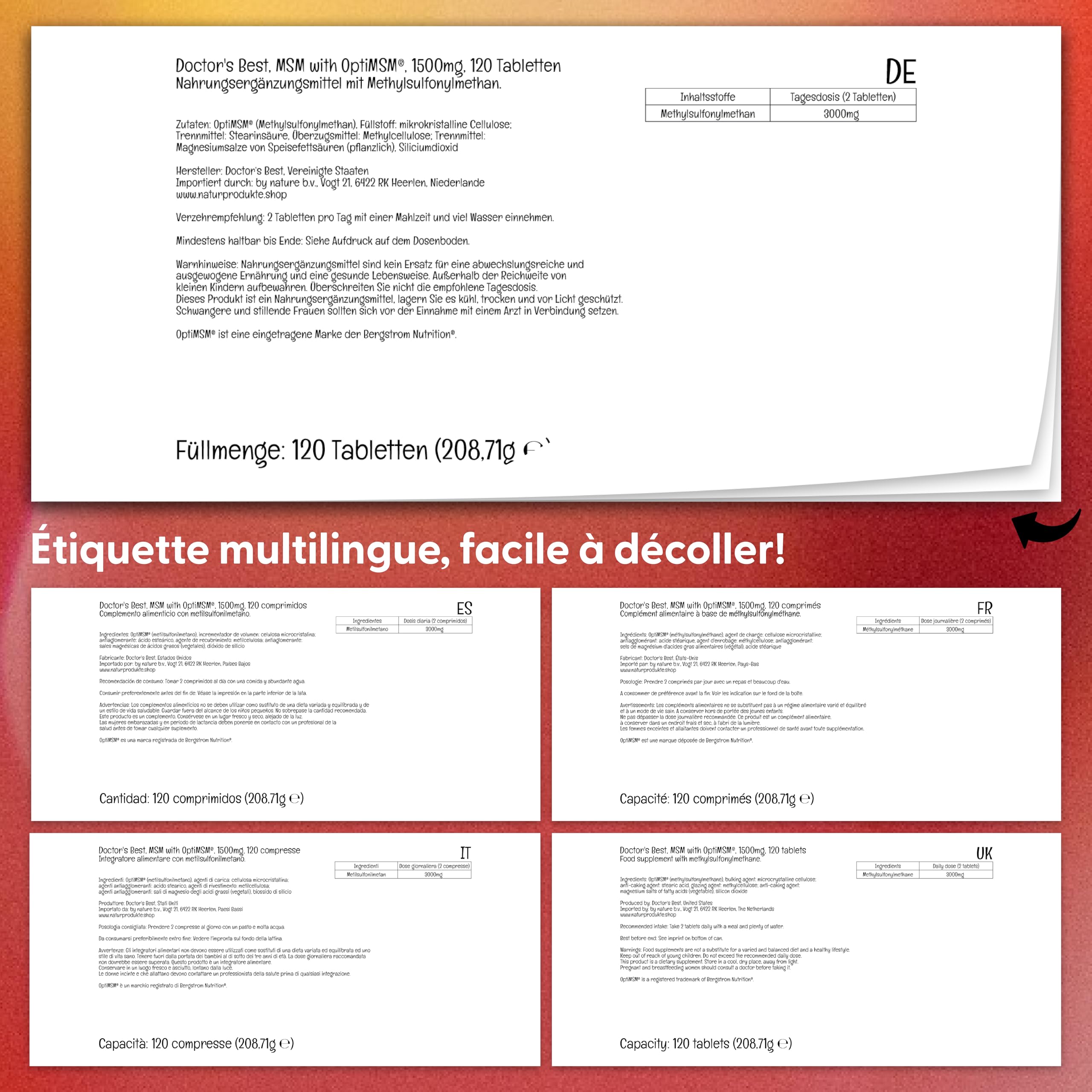 Doctor's Best, MSM, avec OptiMSM, 1.500 mg, 120 Comprimés végétaliens, Hautement Dosé, Testé en Laboratoire, Sans Soja, Sans Gluten, Sans OGM, Soufre Naturel
