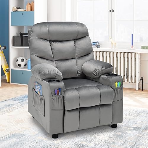Miniatura 9 de COSTWAY Silla Reclinable Más Grande para Niños, Sillón Reclinable de Descanso Ajustable con 2 Portavasos, 1 Bolsillo Lateral, 2 Bolsillos