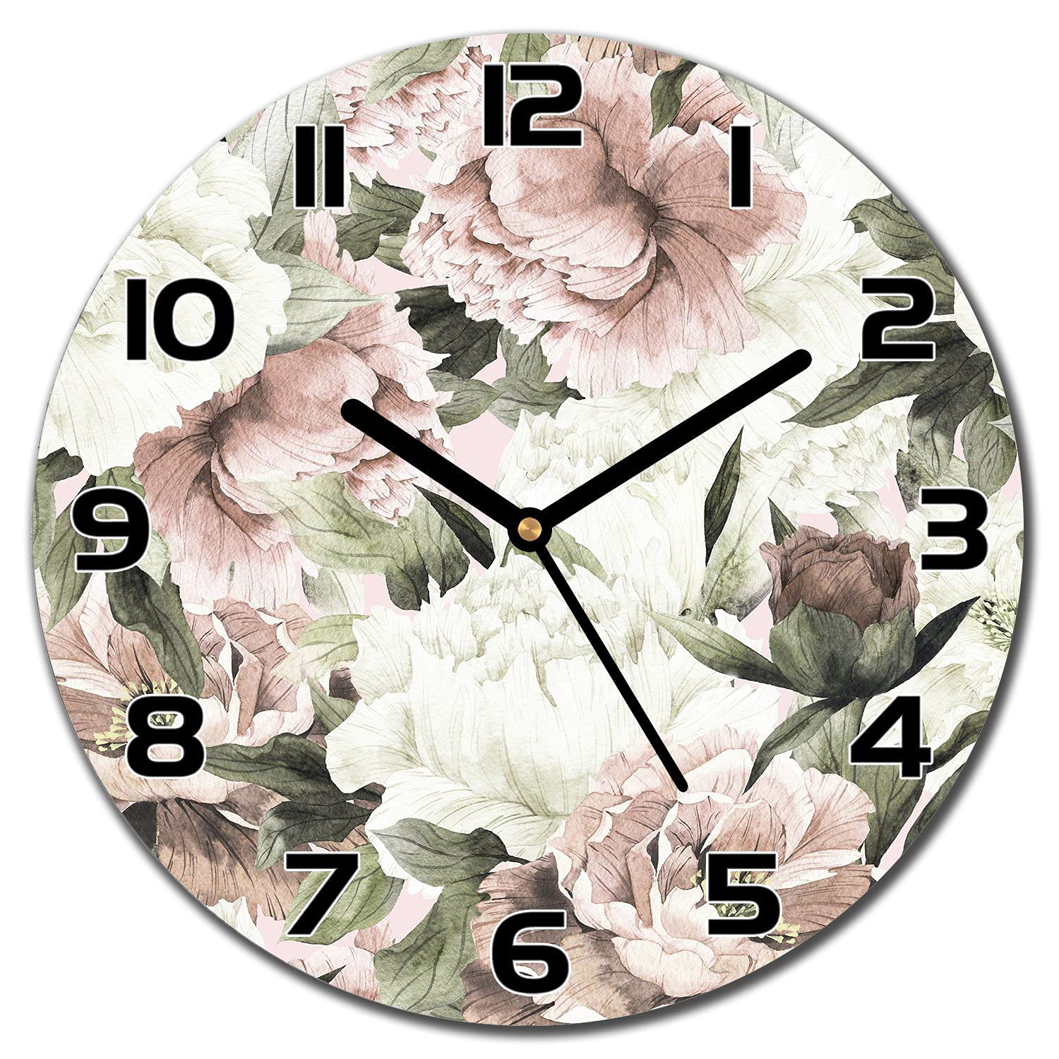 Horloge en verre salon moderne et cuisine bouquet de roses 30cm