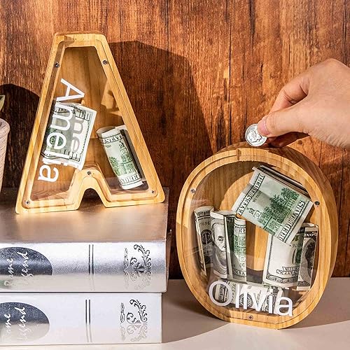Miniatura 6 de Alcancía personalizada con texto multicolor grabado, caja de dinero personalizada de madera con inicial para niños y niñas, regalo de Navidad,