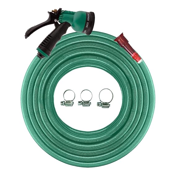 Cinagro 10m Braided Hose Pipe - Water Pipe for Garden, Washing with Sprayer, Tap Adapter and 3 Clamps (1/2 Inch, Green)