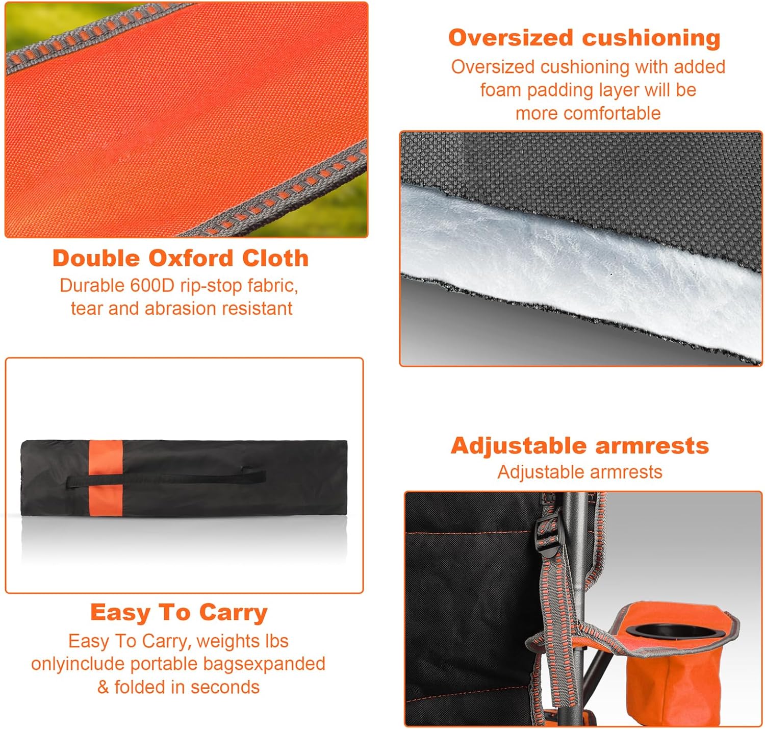 Oversized Padded Camping Chairs for Adults,Heavy Duty Support 400 Lbs,Folding Portable Lawn Chair w/Cup Holder,Cooler Bag,Side Pocket,Perfect for Outdoor Picnic,Hiking(Orange)