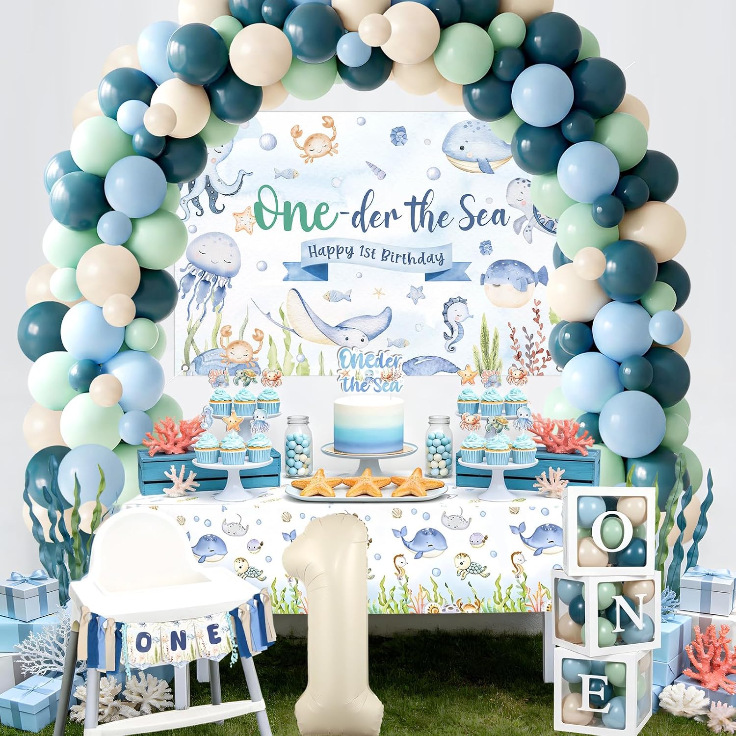 Jollyboom Oneder The Sea Party Decorations, Ocean Animal 1st Birthday Boy