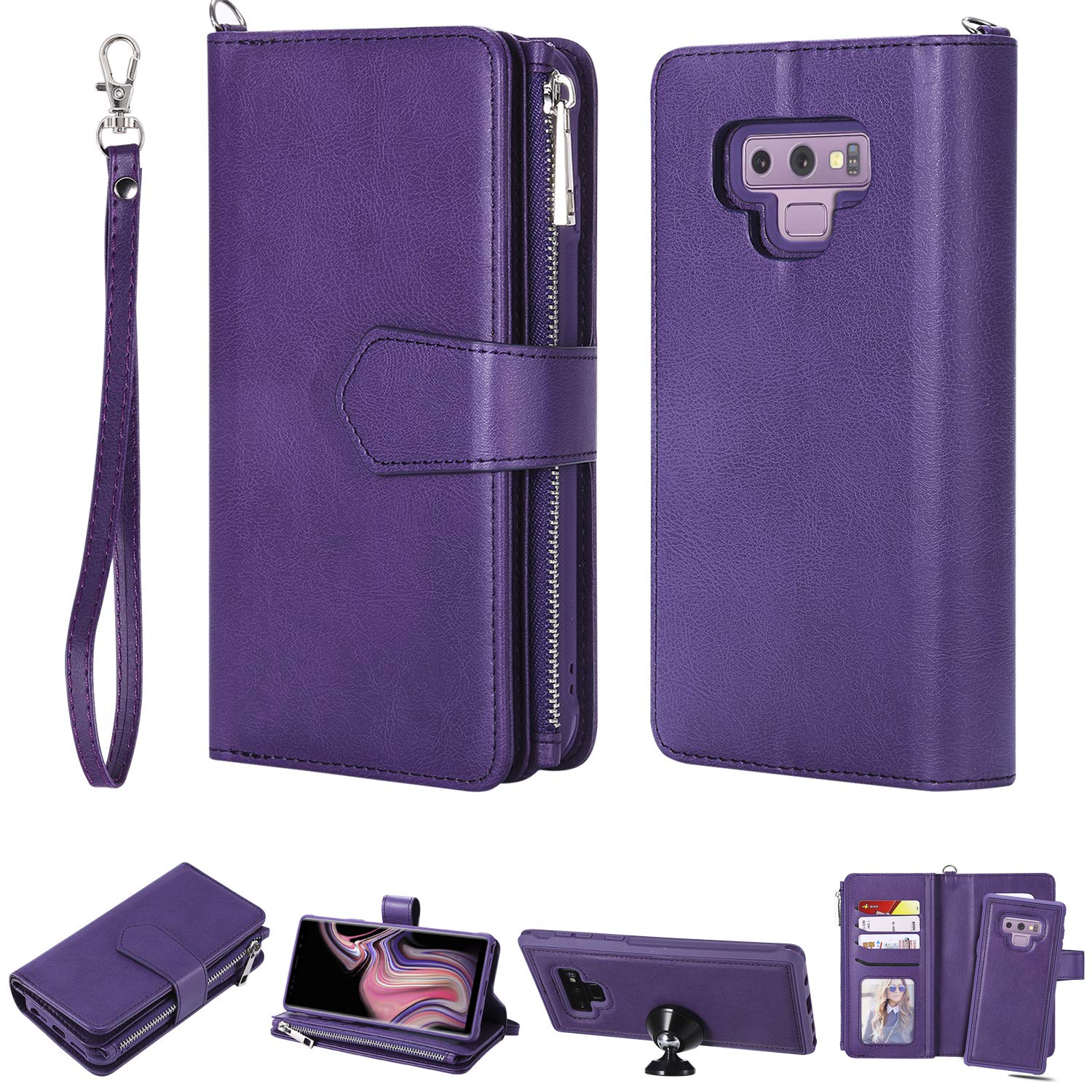 Case Compatible with Samsung Galaxy Note 9 (6.4 inch,Released 2018),Wallet Case for Women and Girls with Card Holder,[Detachable 2in1] 9 Card PU Leather Protective Case & Wrist Strap-Purple