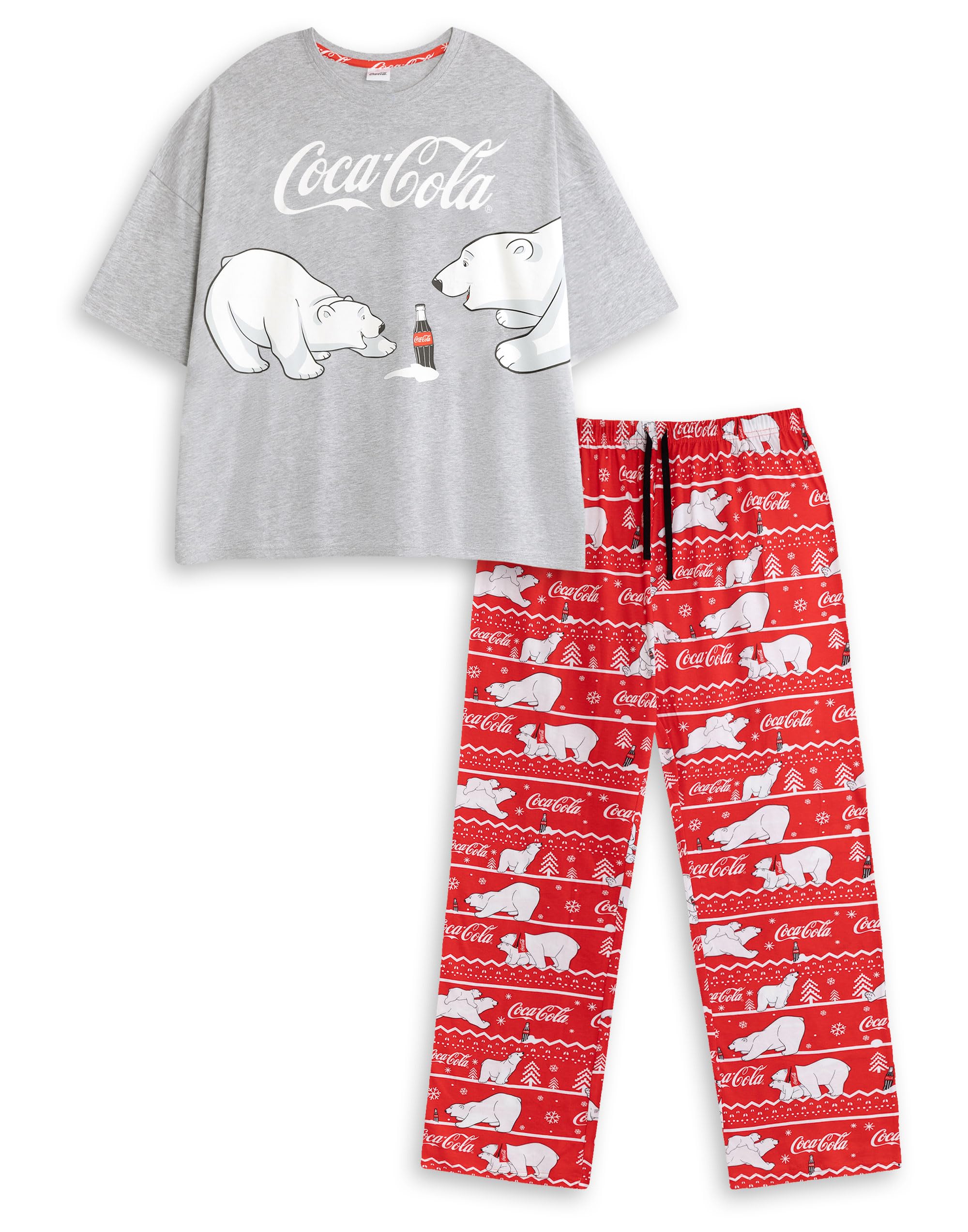 Coca-Cola Women's Grey Polar Bears Red Short Sleeve Long Leg Pyjama Set | Retro Logo Sleepwear & Lounge Wear | Comfortable Nightwear For Relaxing Merch