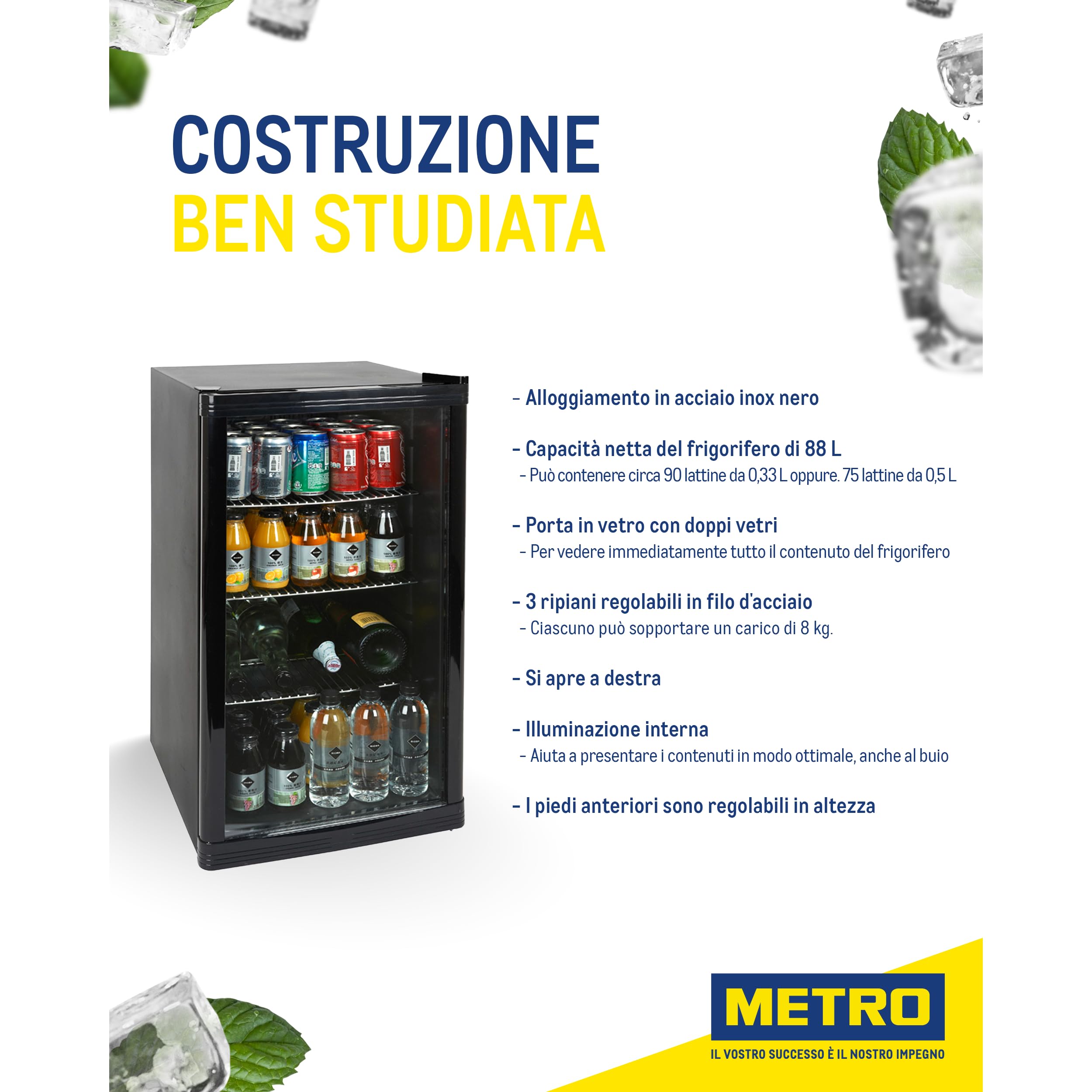 METRO Professional Mini Frigo per Bevande GPC1088 88L 220-240V Porta in Vetro Nero