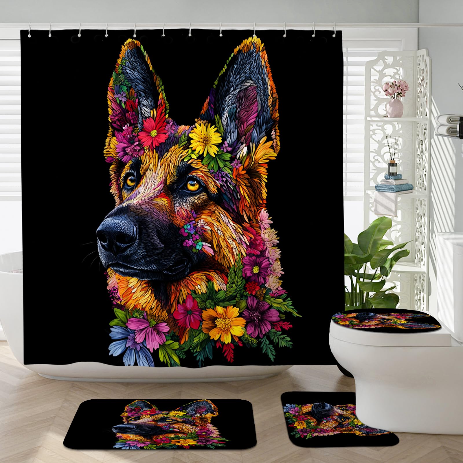 4PCS Spring German Shepherd Dog Bathroom Accessory Sets with Non-Slip Rug, U Shape and Toilet Lid Cover Mat, Flower Floral Art Black Bathroom Fabric Decor-72''x72''