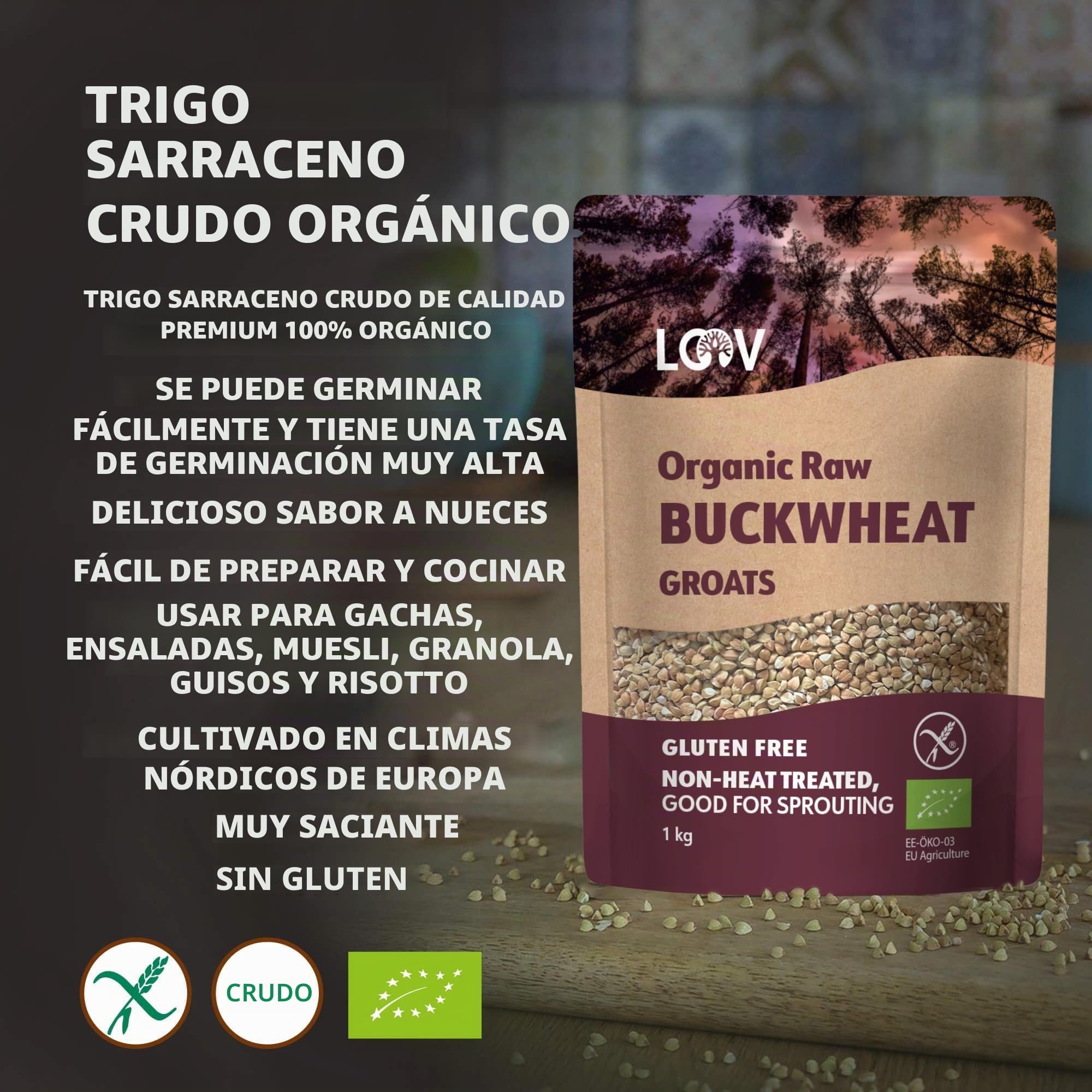 Harina de Trigo Sarraceno Cruda Orgánica, 1 kg, harina sin gluten, no tratada térmicamente, conserva todos los nutrientes, delicioso sabor a nuez, cultivado orgánicamente en climas nórdicos, no es OGM