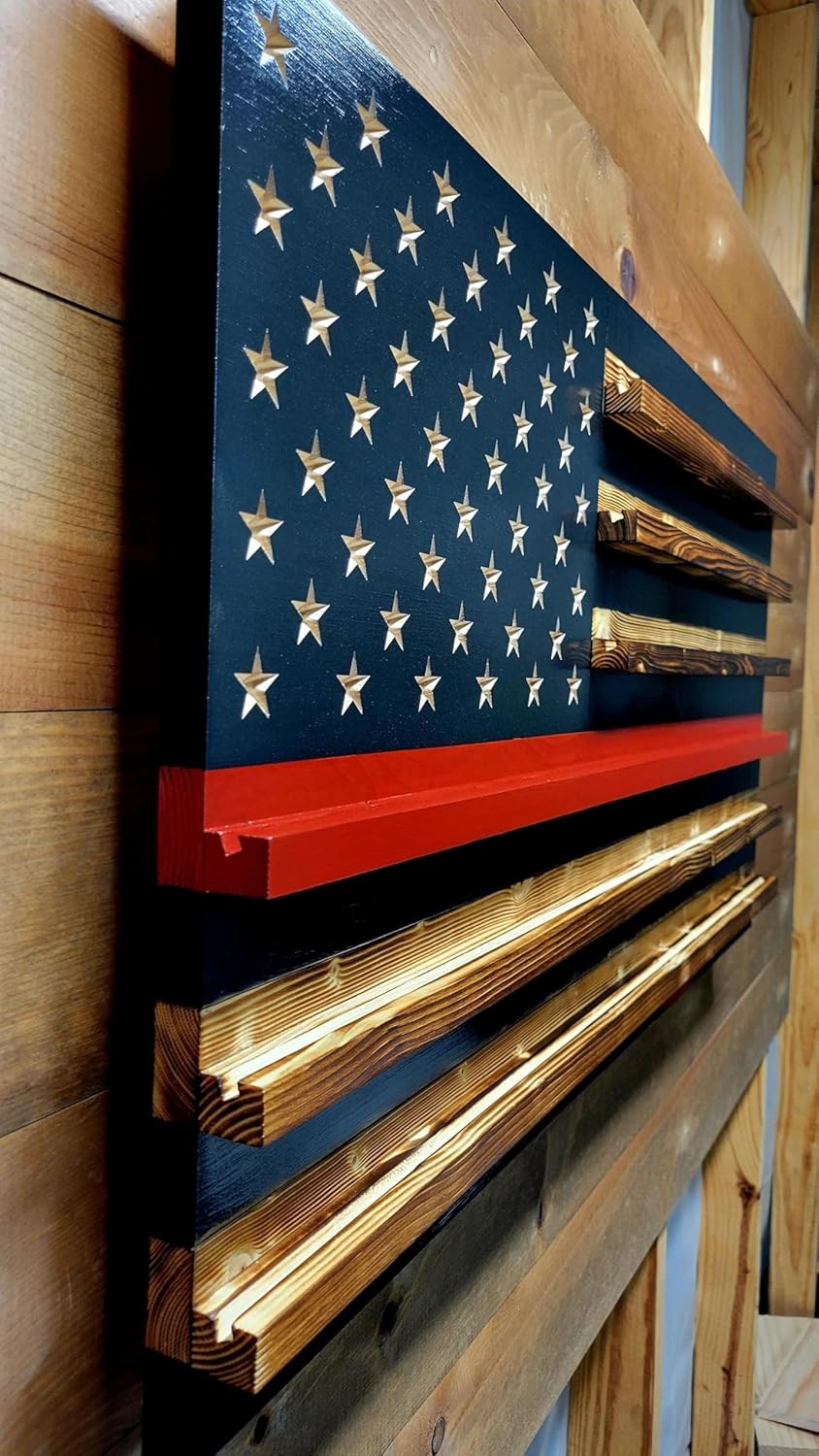 Thin Red Line American Challenge Coin Holder Display, Wooden Shelves hold 90-100 Coins, for Military, Police, Law Enforcement, First Responders, Custom Handmade Quality, Made in Texas