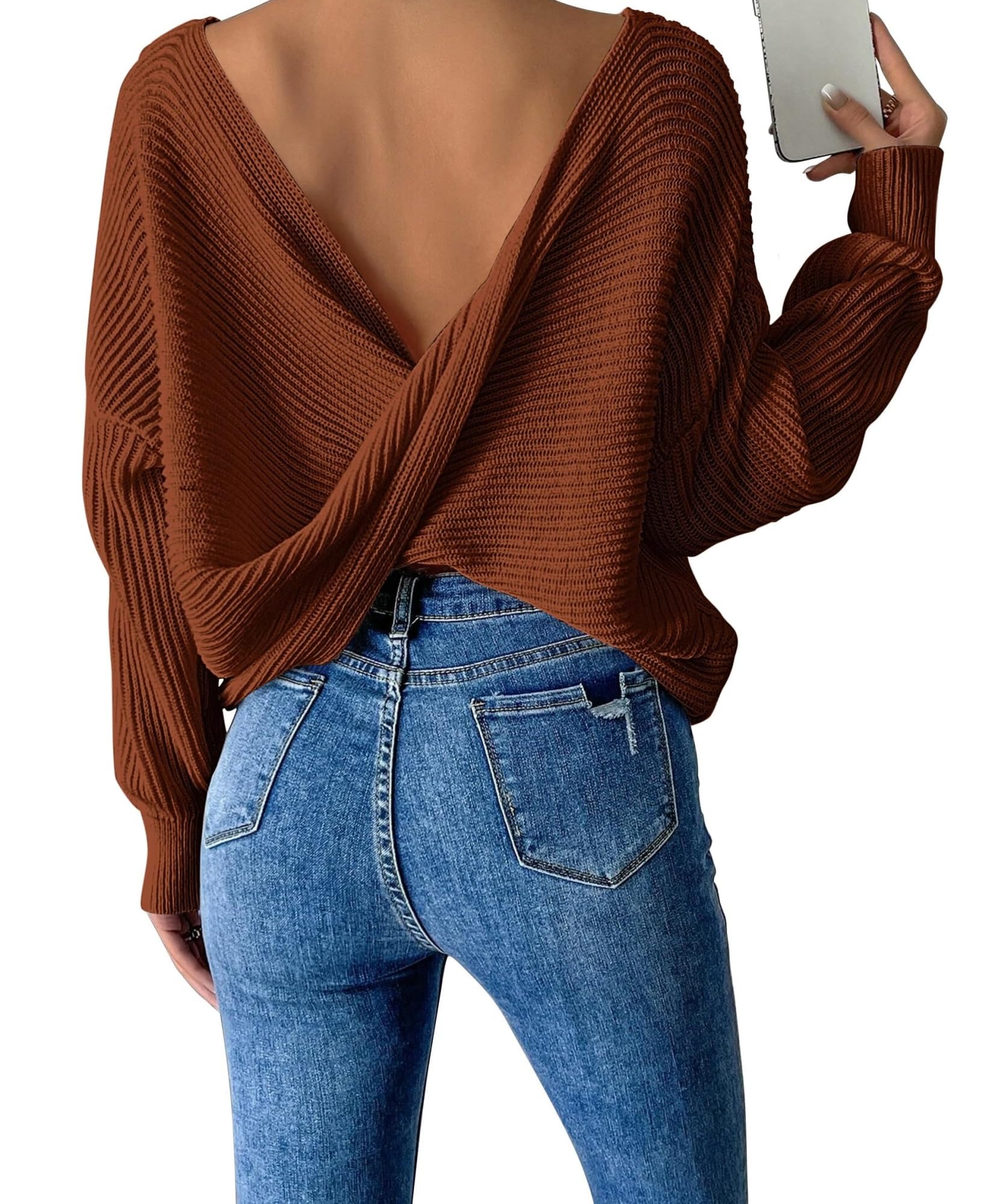 BTFONIA Women Twist Back Backless Drop Shoulder Long Sleeve Pullover Rib Knit Sweater Tops(Brown,L)