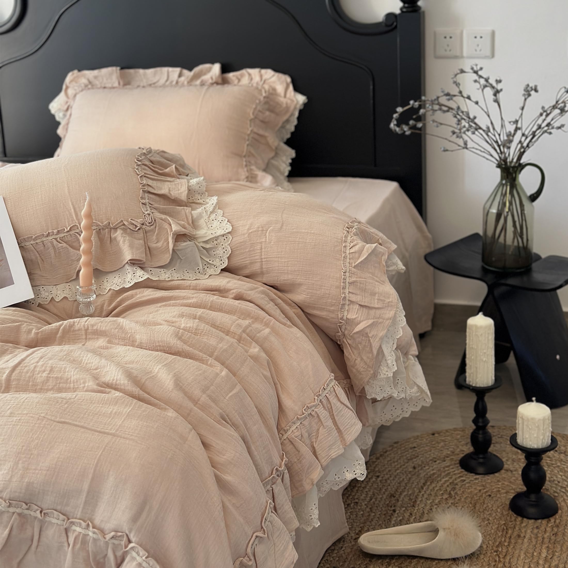 GETIYA Hellrosa Rosa Bettwäsche 135x200 Baumwolle Bettbezug Unifarben Rüschen Bettwäsche Mädchen Damen Deckenbezug Einzelbett mit Reißverschluss und 1 Kissenbezug 80x80