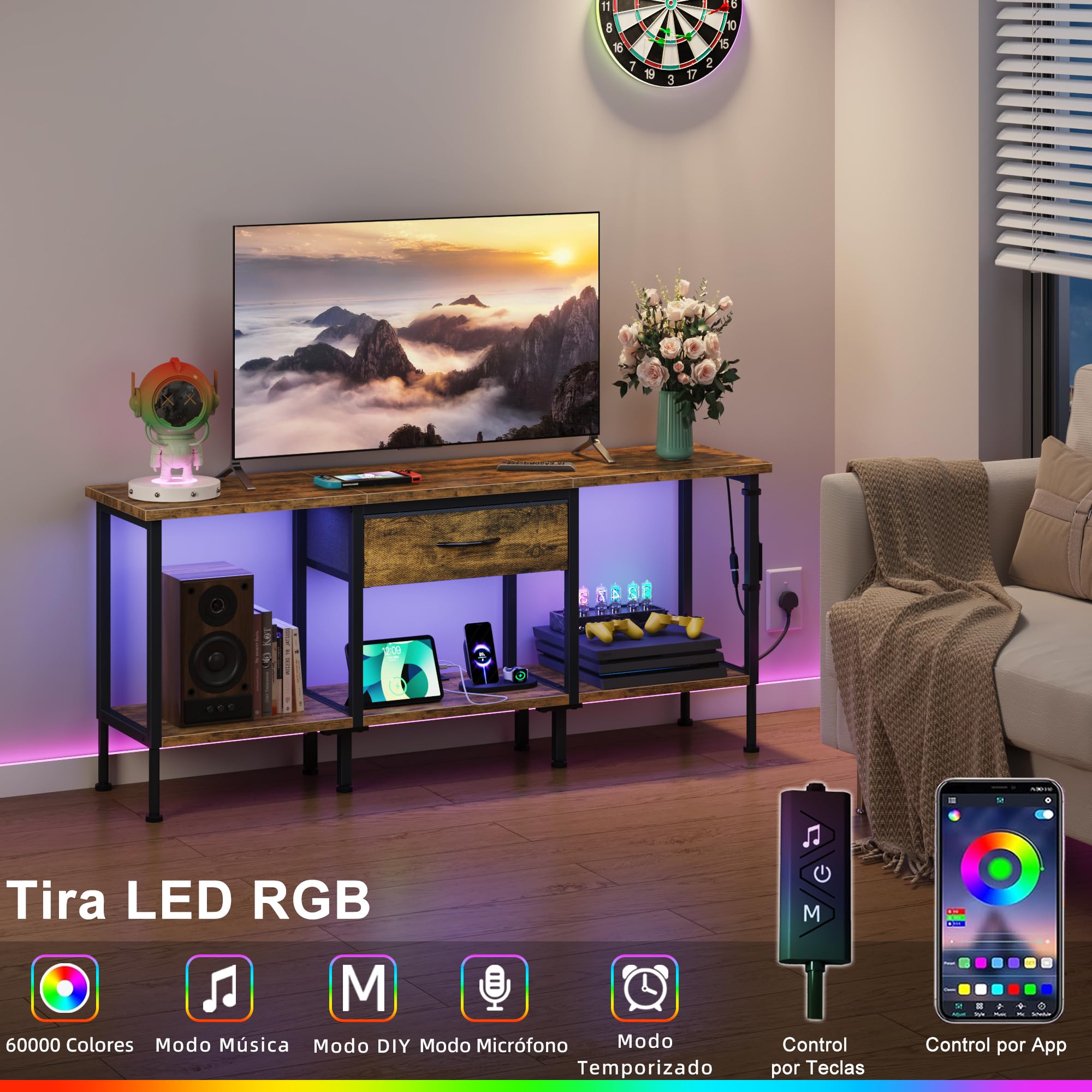 Mueble de TV con Enchufe, Mesa Television con Iluminación LED, Cajón de Tela y Estantes, Mueble Bajo Salon de 140 cm para TV de hasta 65″, para Sala de Estar y Dormitorio, Marrón Rústico