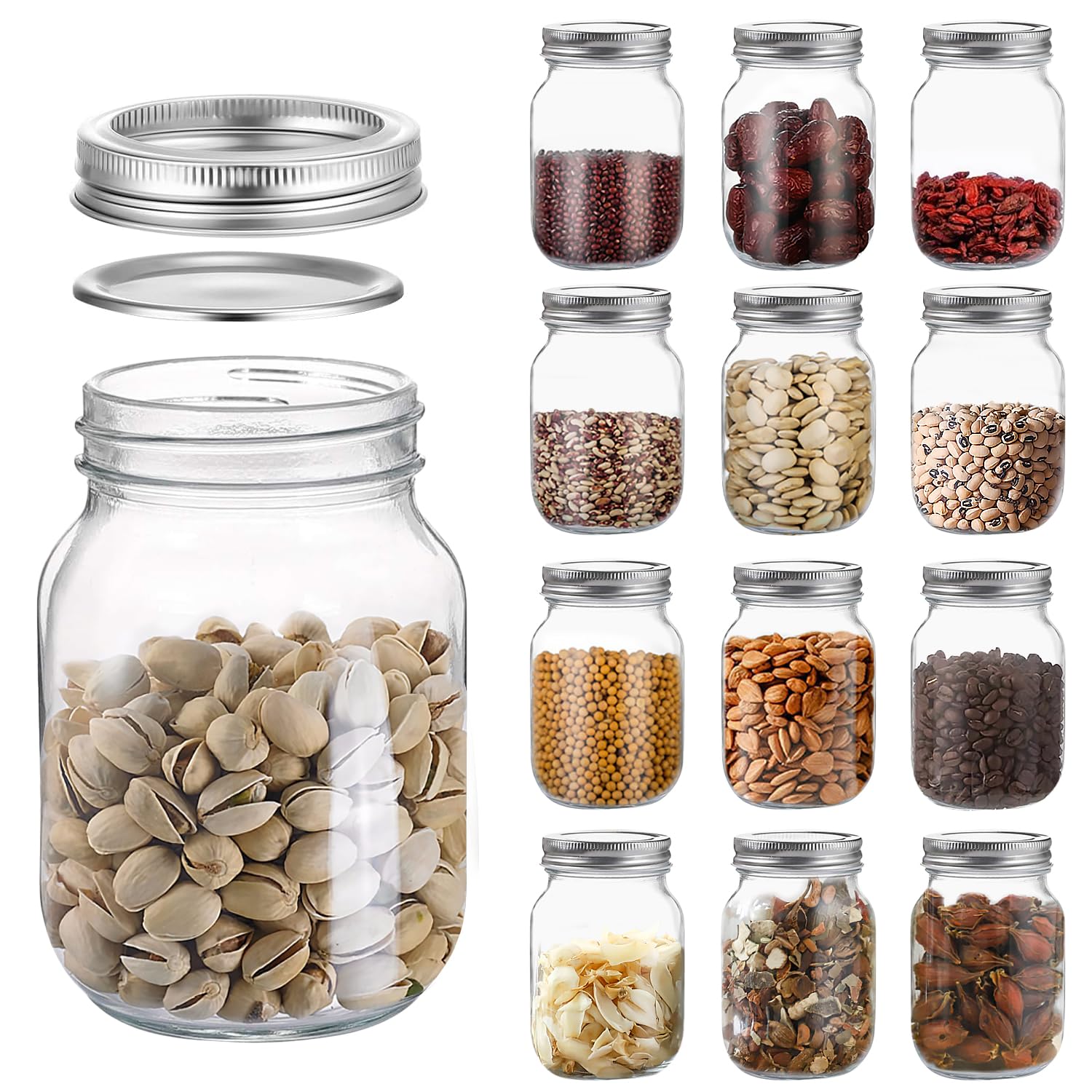 novelinks 16 oz clear plastic mason jars with airtight lids - plastic mason jars 16 oz plastic jars with lids for kitchen & household storage (12 pack, silver)