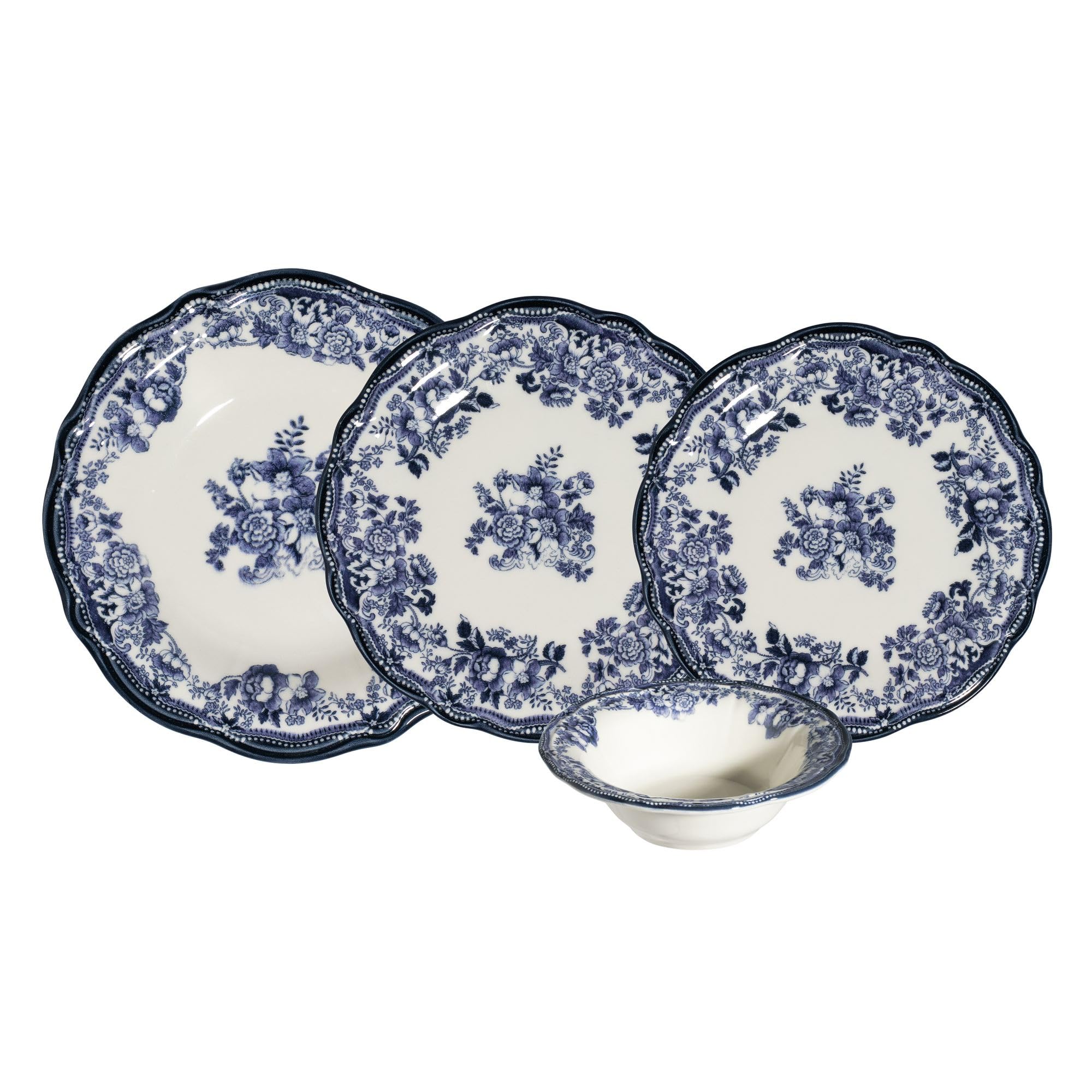Elegancki 24-częściowy serwis obiadowy, 100% porcelana, biały i granatowy | w zestawie talerze do serwowania, miski i talerze deserowe | można myć w zmywarce i używać w kuchence mikrofalowej