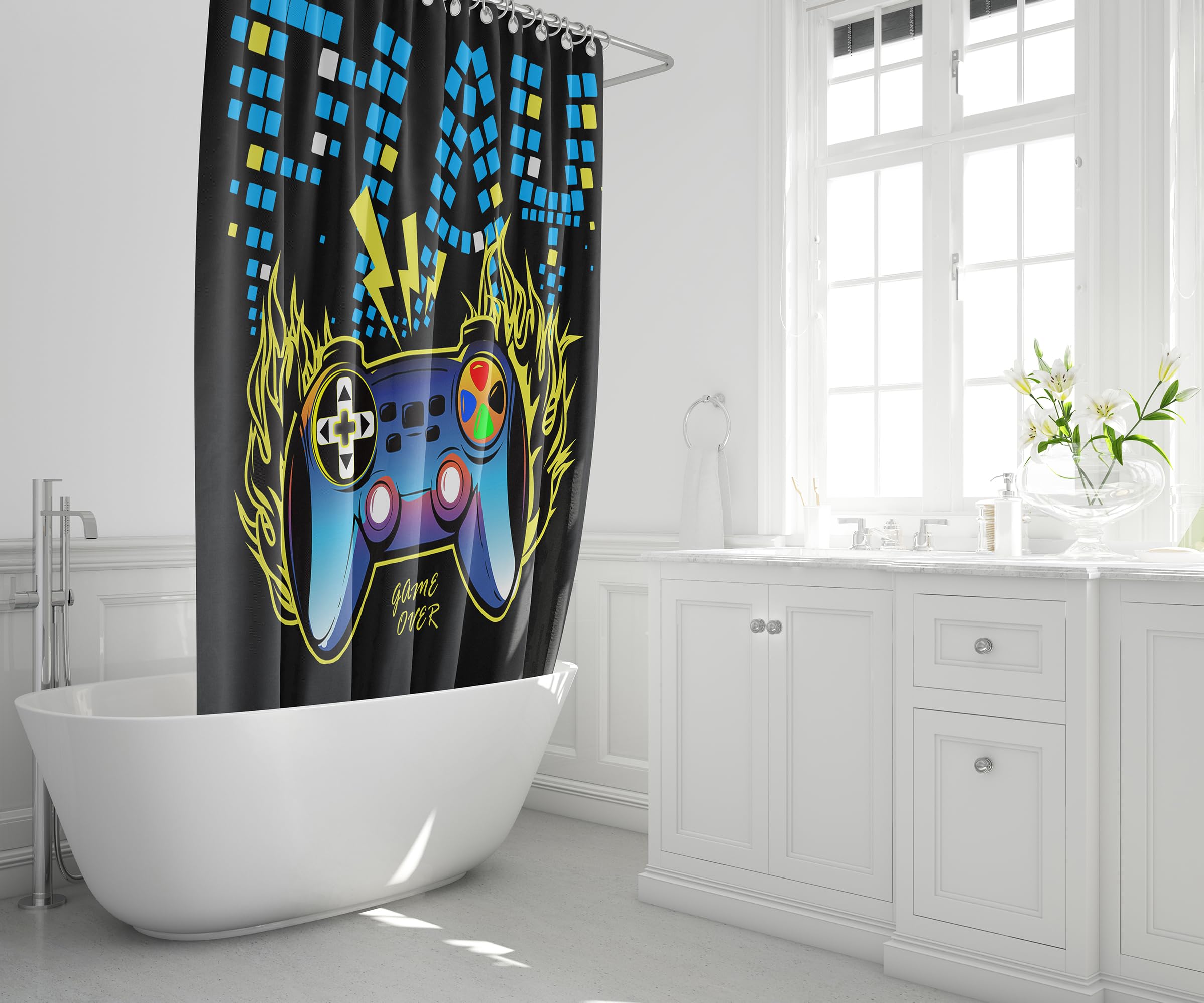 4 Pcs Gaming Shower Curtain Set for Bathroom, Boys Gamer Bath Curtain for Kids Teens, Gamepad Controller Curtains with Rugs Bathroom Decor, Video Games Curtain Waterproof Fabric with Hooks 4