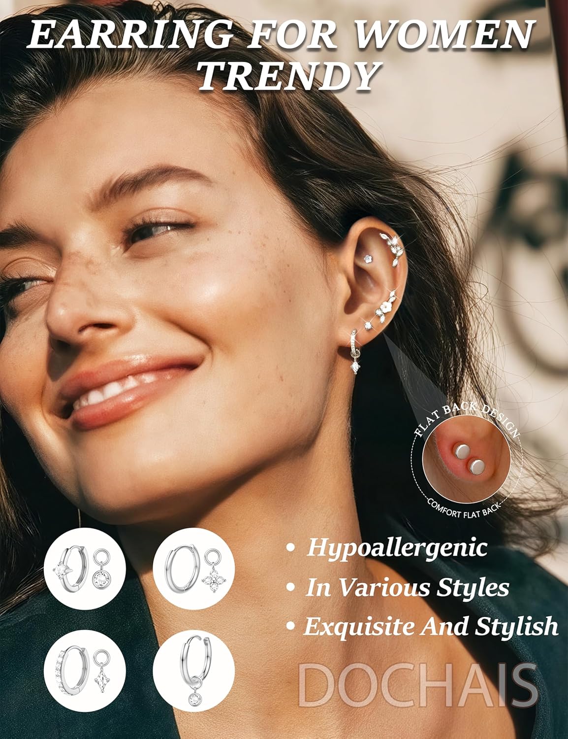 18 PCS Single Cartilage Studs Earrings Women Trendy 14k Gold Plated Flat Back Earings Stacks Dainty Small Pendant Dangle Huggie Hoops Earring Cubic Zirconia Flatback Stud Sets for Multiple Piercing - Image 2