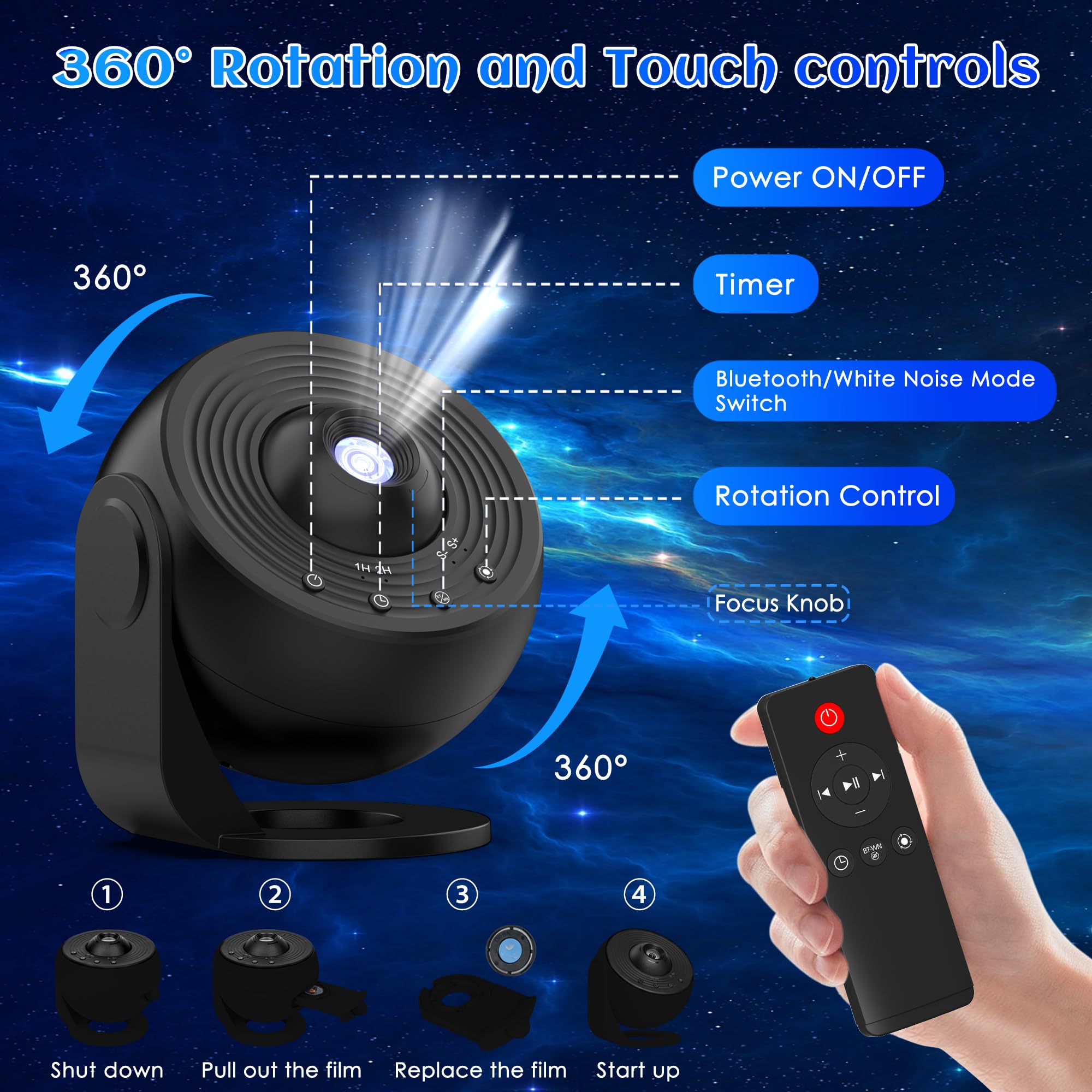 Proiettore Galaxy per camera da letto versione Pro, HD 12 in 1 Dischi Film Proiettore Star con Bluetooth Galaxy Light, Planetario Proiettore con Timer, Rumore Bianco, Rotazione a 360°, Telecomando