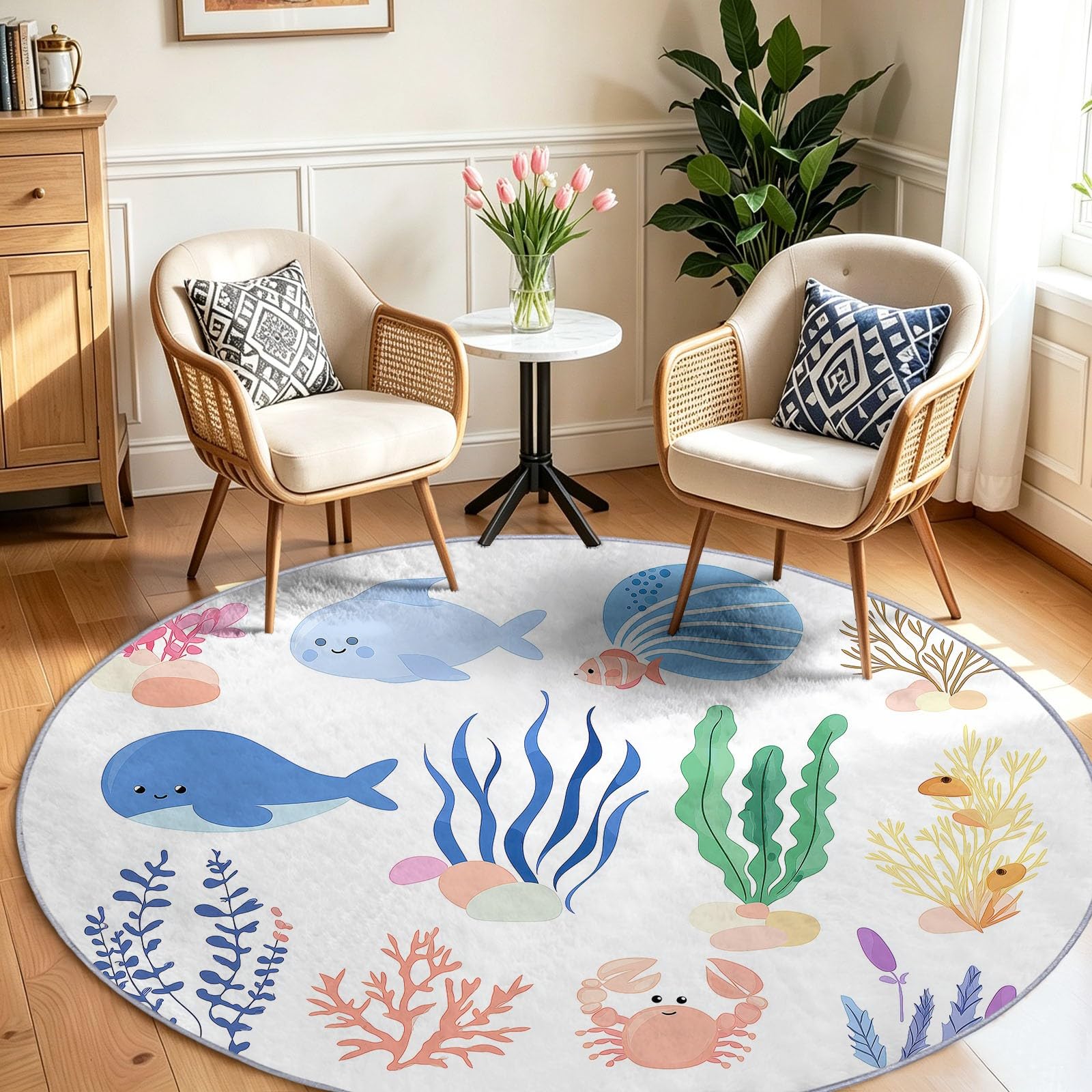 Tappeto rotondo per soggiorno, 60 cm, lavabile, motivo animali marini in stile cartone animato, per camera da letto, antiscivolo, non perde pelo, morbido, per camera dei bambini, cucina, ufficio, sala